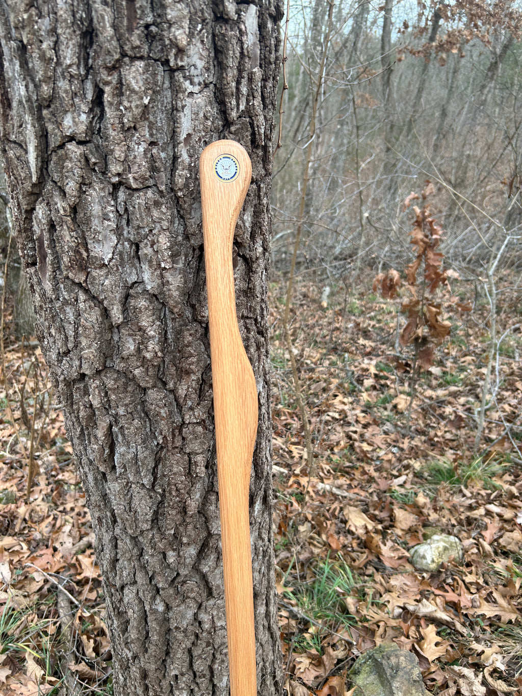 Walking Stick, Red Oak, Mountain Handle (Large Top and Grip), With Magnet for Medallions and Rubber Foot (Cut to Length)