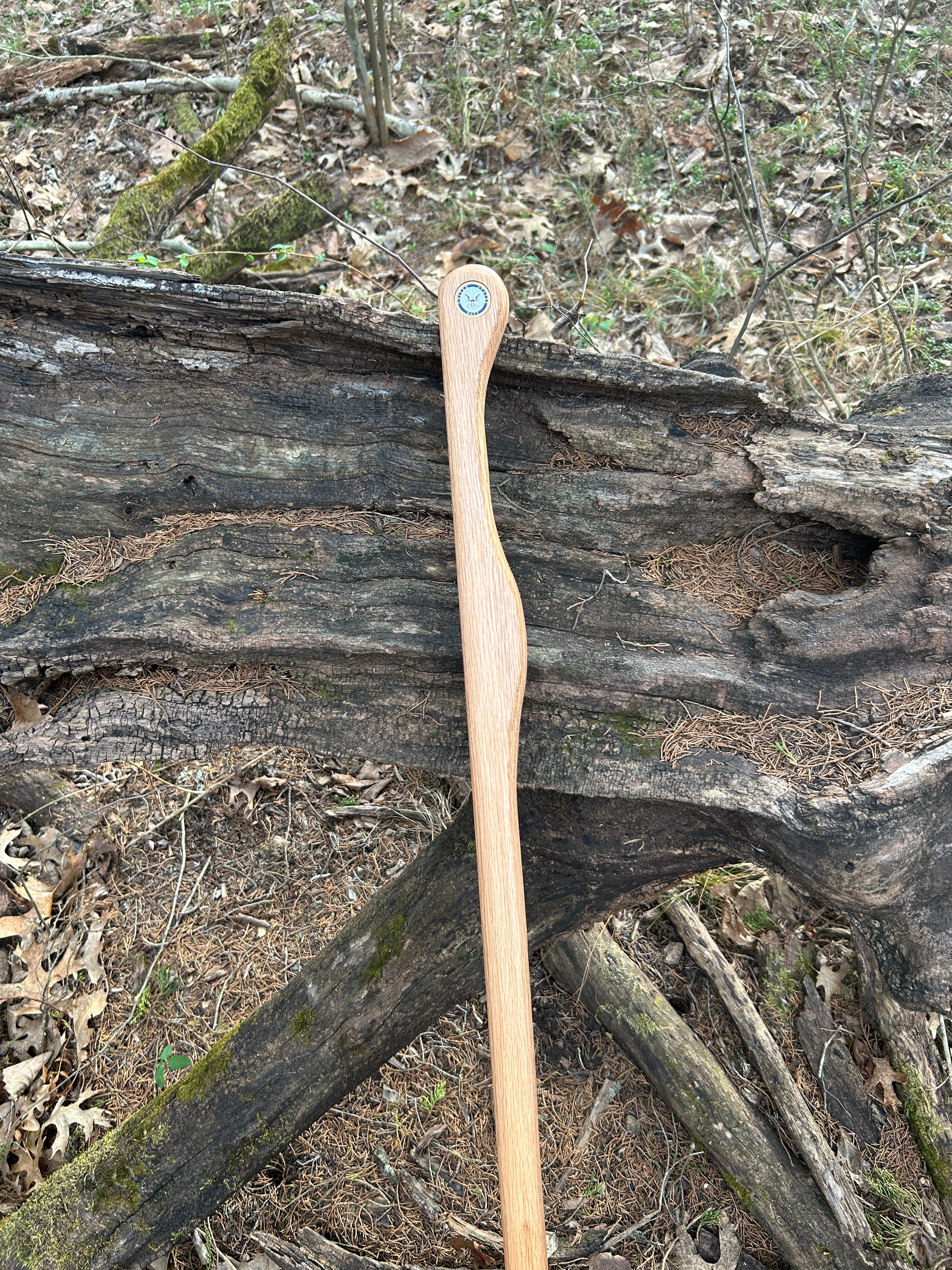 Walking Stick, Red Oak, Mountain Handle (Large Top and Grip), With Magnet for Medallions and Rubber Foot (Cut to Length)