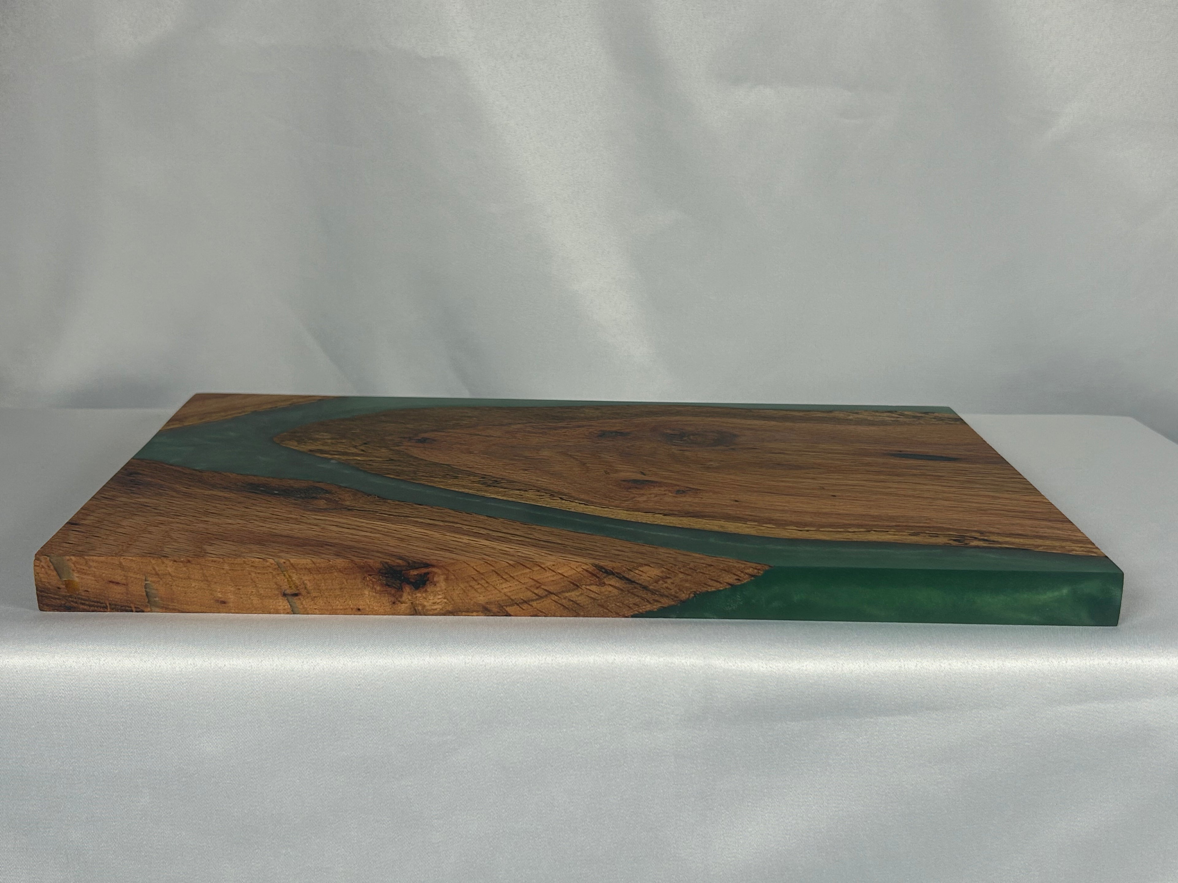 Charcuterie Board, Medium, Red Oak, Epoxy Live Edge River, Green Pearl
