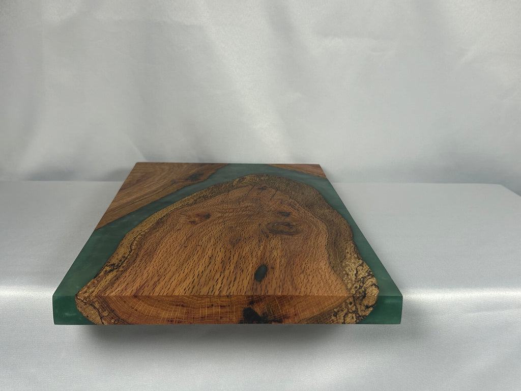 Charcuterie Board, Medium, Red Oak, Epoxy Live Edge River, Green Pearl