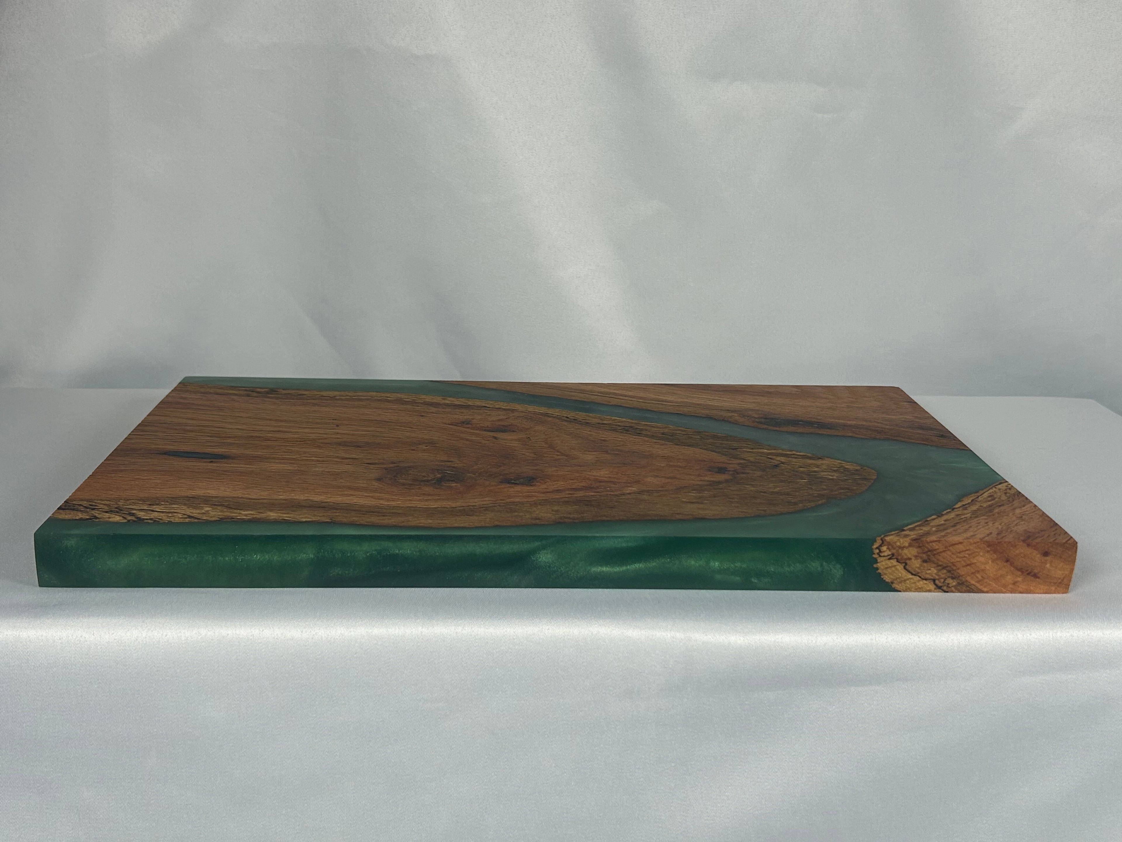 Charcuterie Board, Medium, Red Oak, Epoxy Live Edge River, Green Pearl