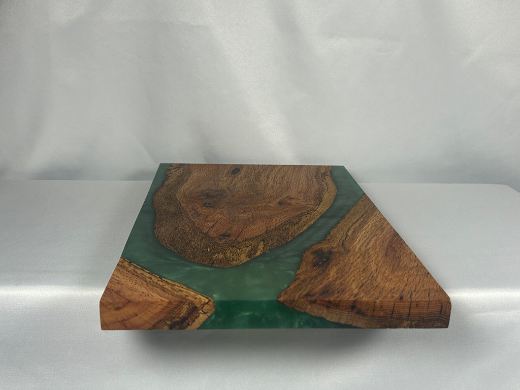 Charcuterie Board, Medium, Red Oak, Epoxy Live Edge River, Green Pearl
