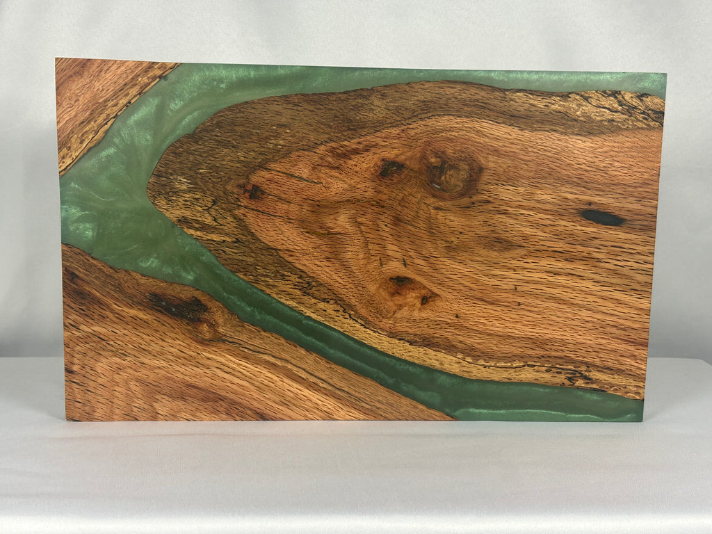 Charcuterie Board, Medium, Red Oak, Epoxy Live Edge River, Green Pearl