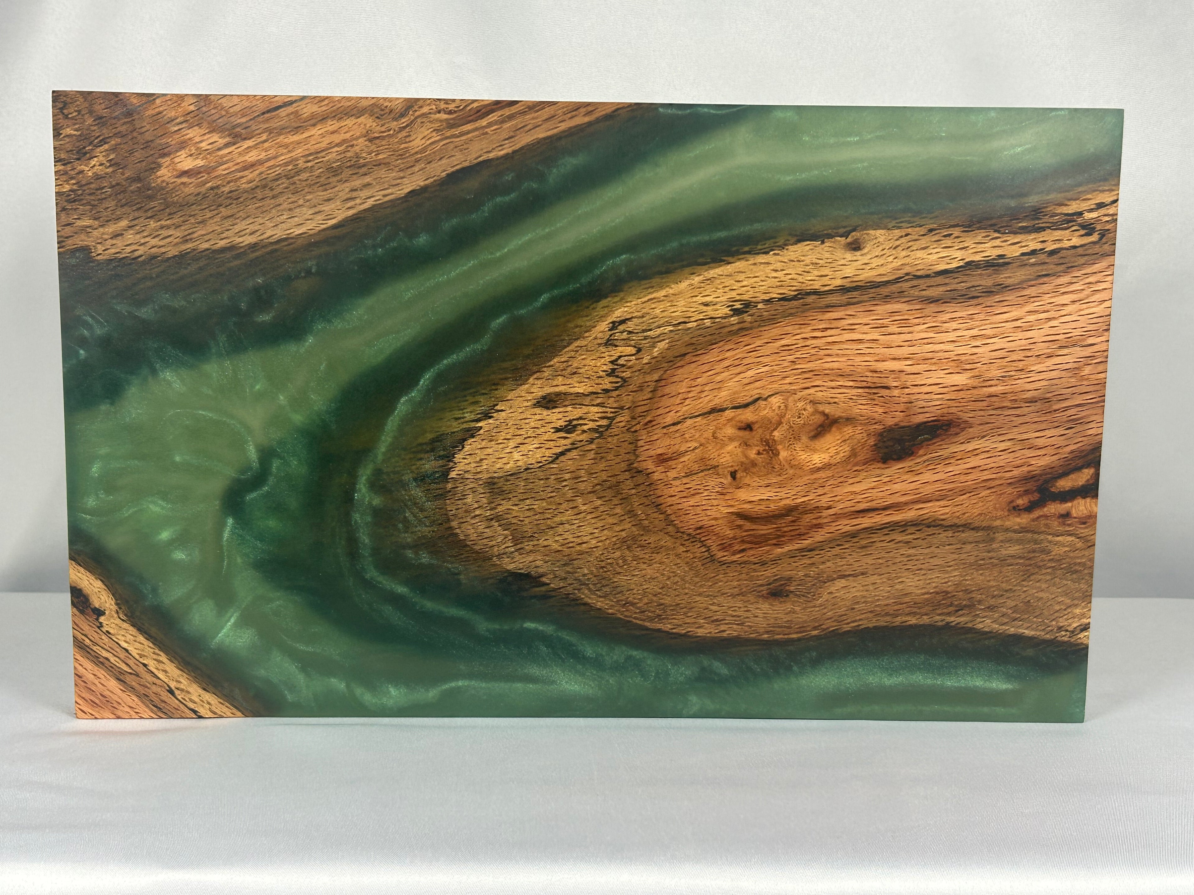 Charcuterie Board, Medium, Red Oak, Epoxy Live Edge River, Green Pearl