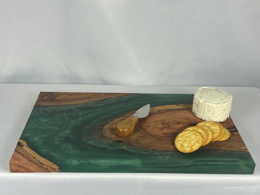Charcuterie Board, Medium, Red Oak, Epoxy Live Edge River, Green Pearl