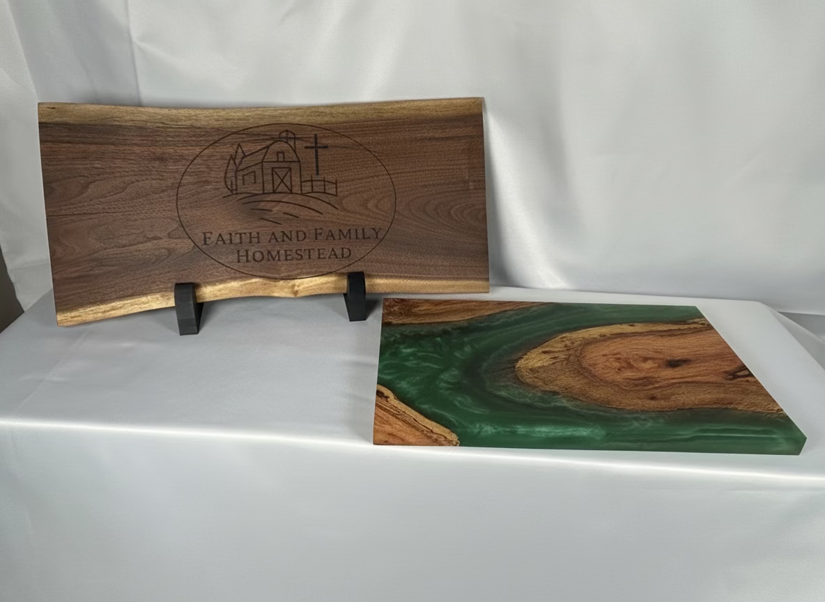 Charcuterie Board, Medium, Red Oak, Epoxy Live Edge River, Green Pearl