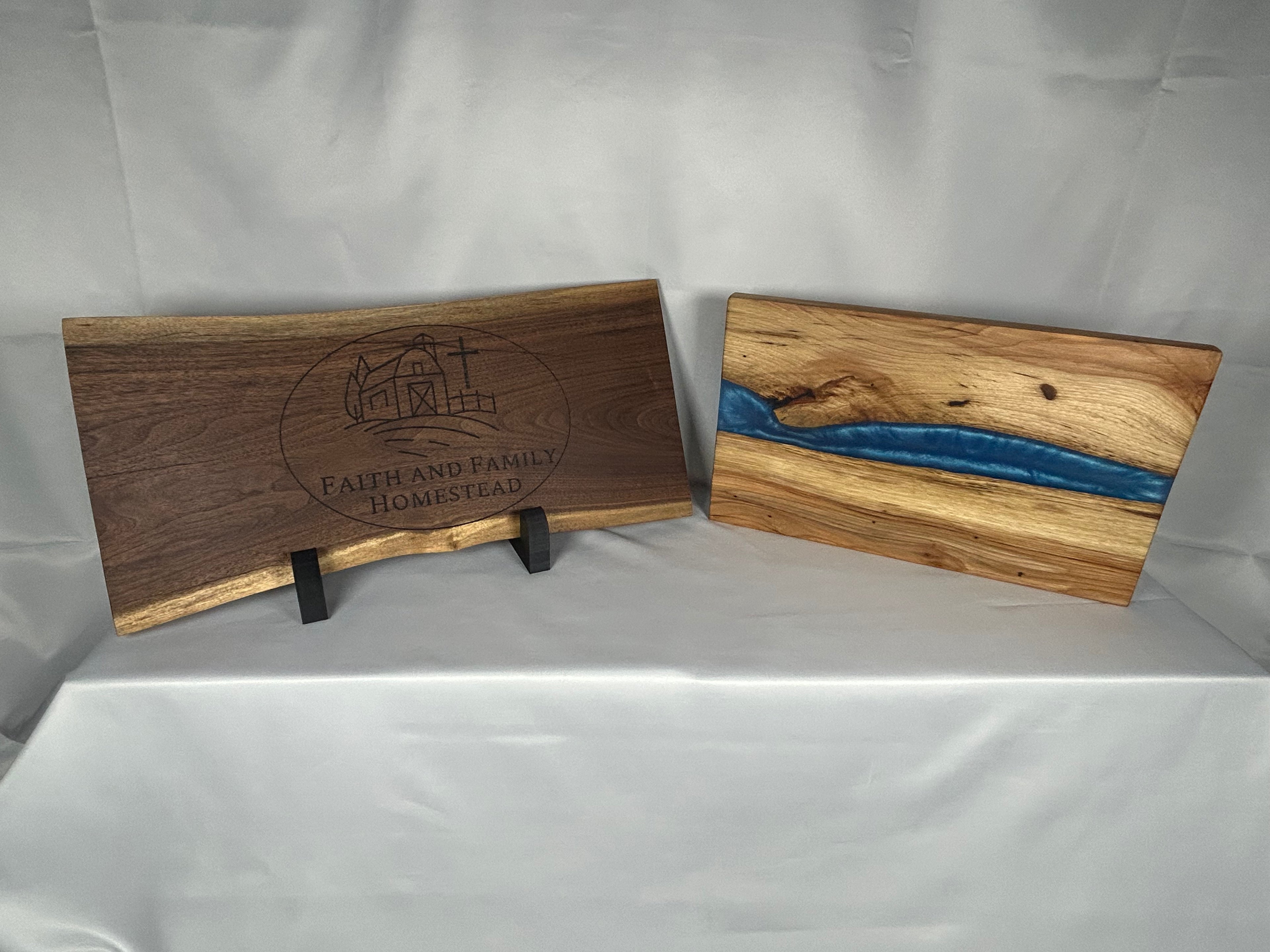 Charcuterie Board, Large, Hickory, Epoxy Live Edge River, Pearl Blue