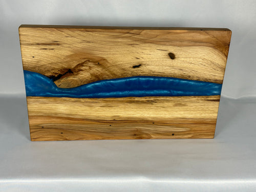 Charcuterie Board, Large, Hickory, Epoxy Live Edge River, Pearl Blue