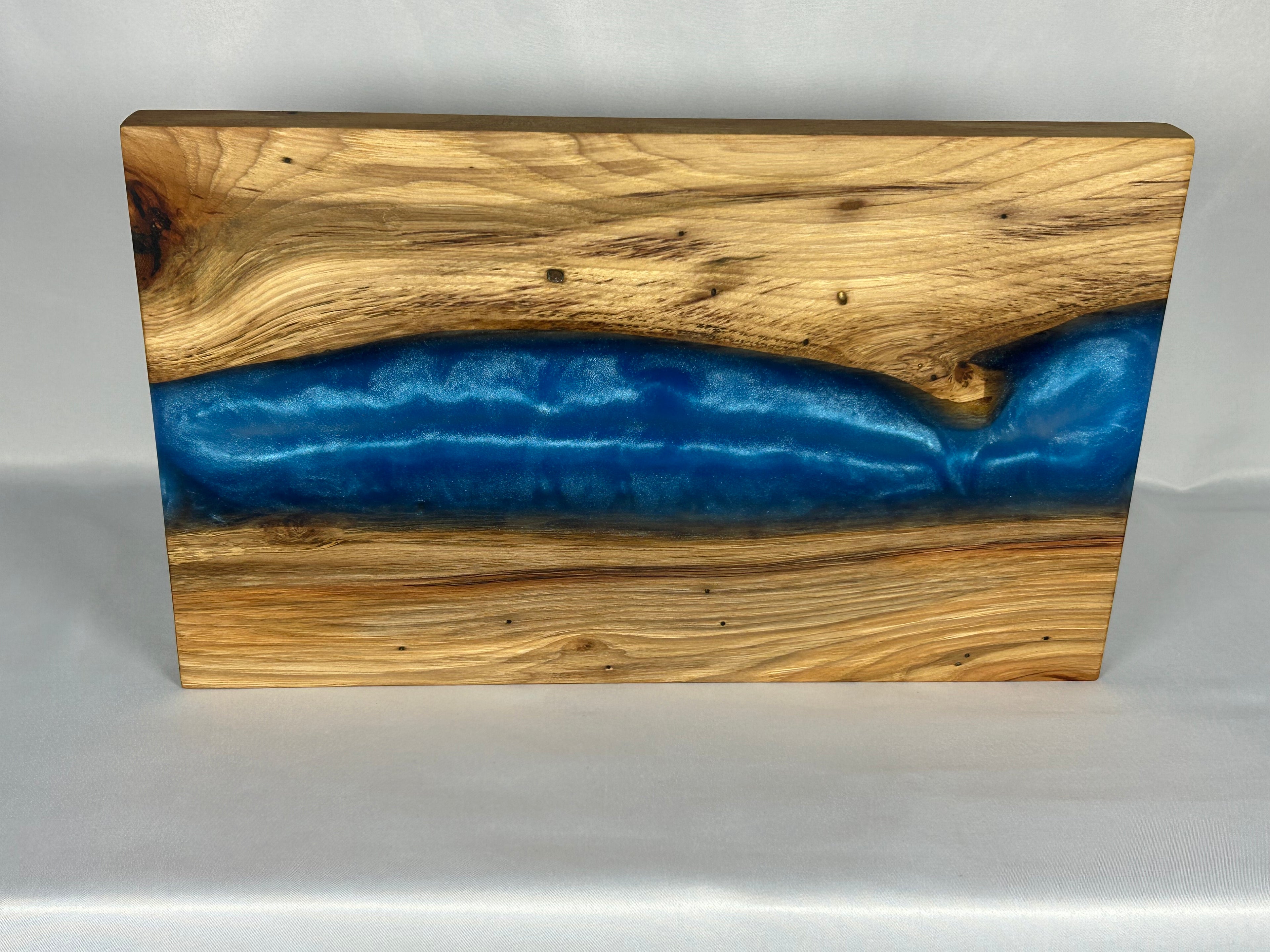 Charcuterie Board, Large, Hickory, Epoxy Live Edge River, Pearl Blue