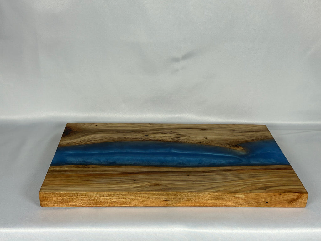 Charcuterie Board, Large, Hickory, Epoxy Live Edge River, Pearl Blue