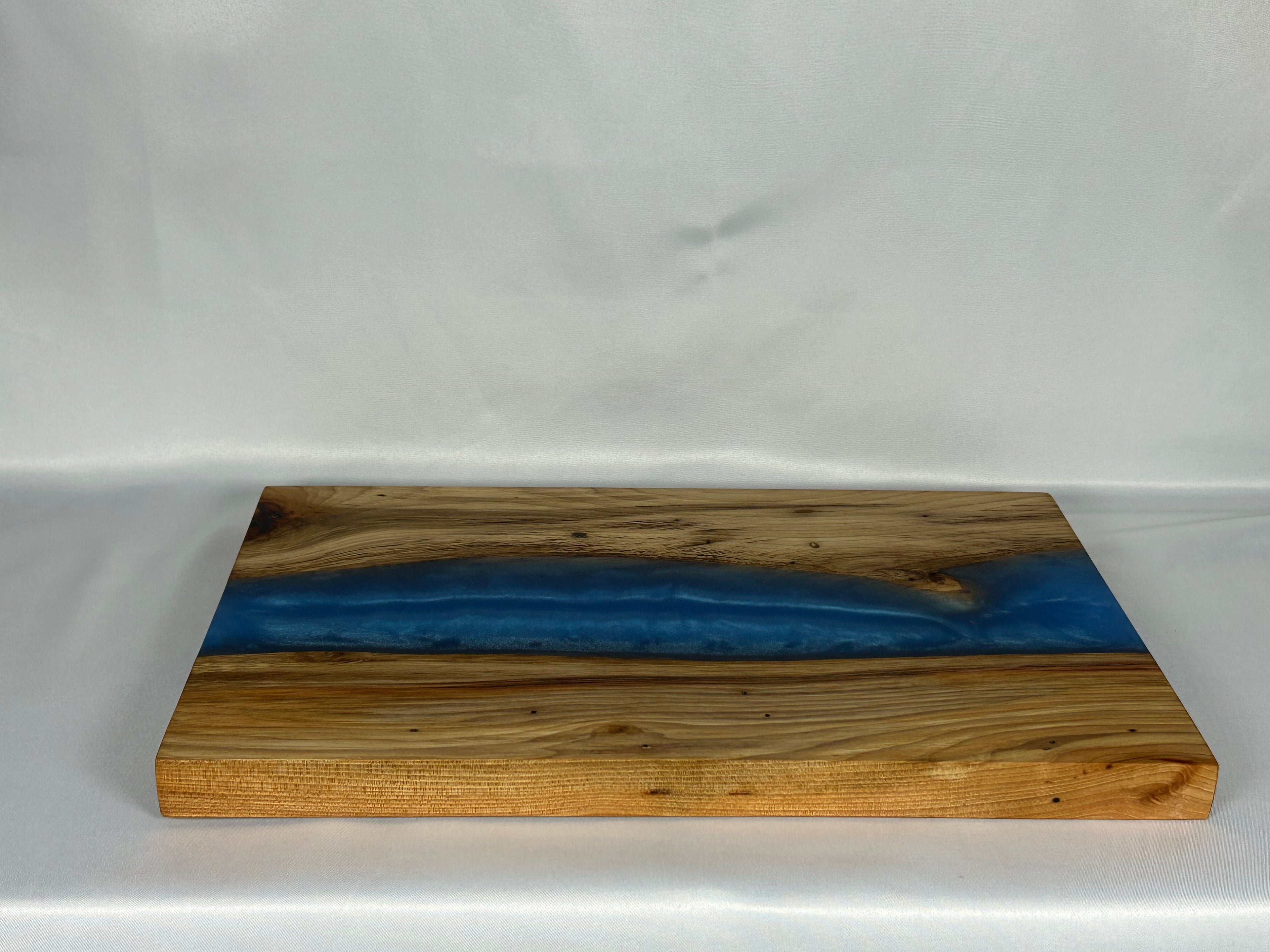 Charcuterie Board, Large, Hickory, Epoxy Live Edge River, Pearl Blue