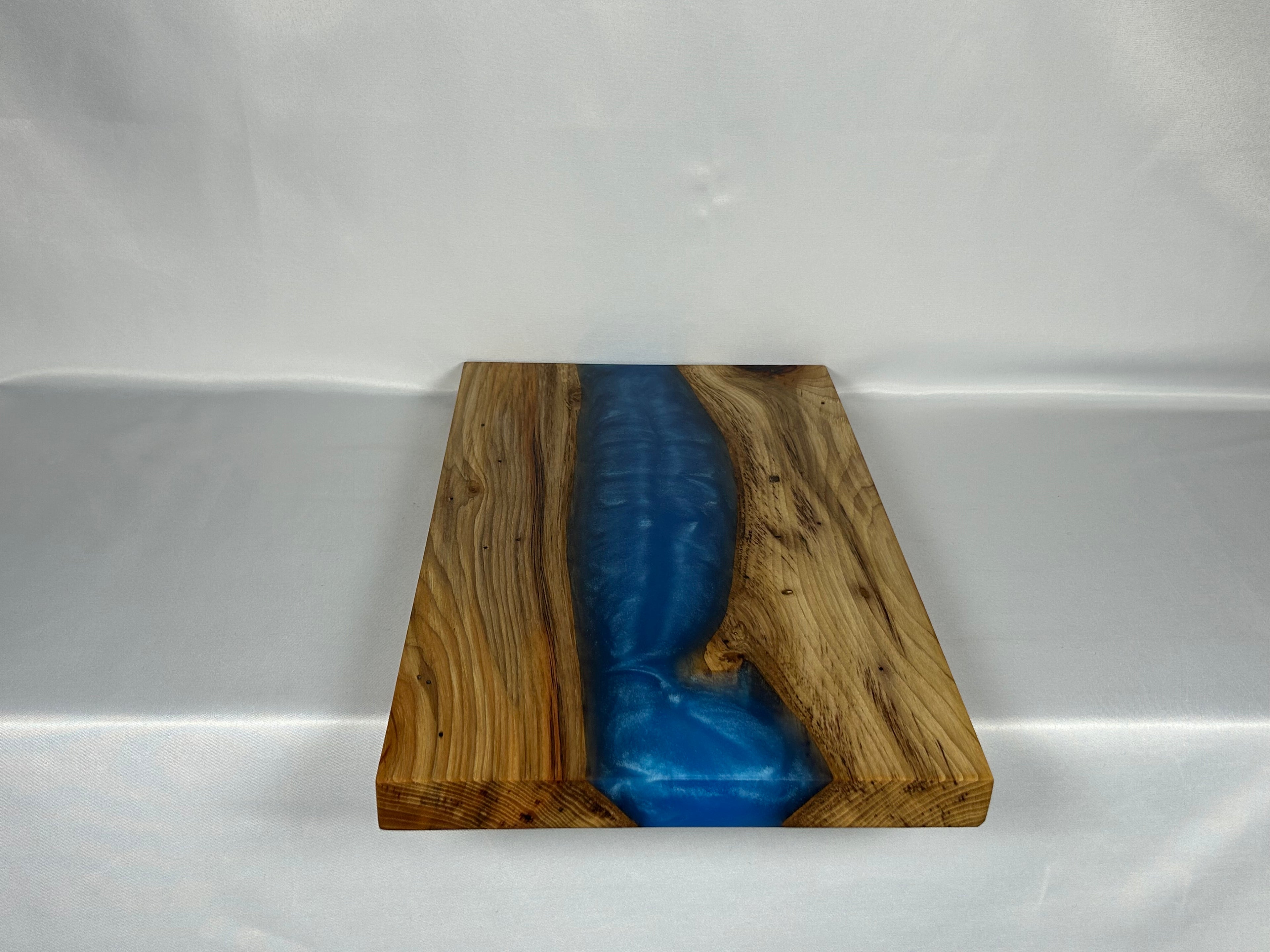 Charcuterie Board, Large, Hickory, Epoxy Live Edge River, Pearl Blue
