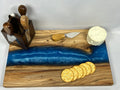 Charcuterie Board, Large, Hickory, Epoxy Live Edge River, Pearl Blue