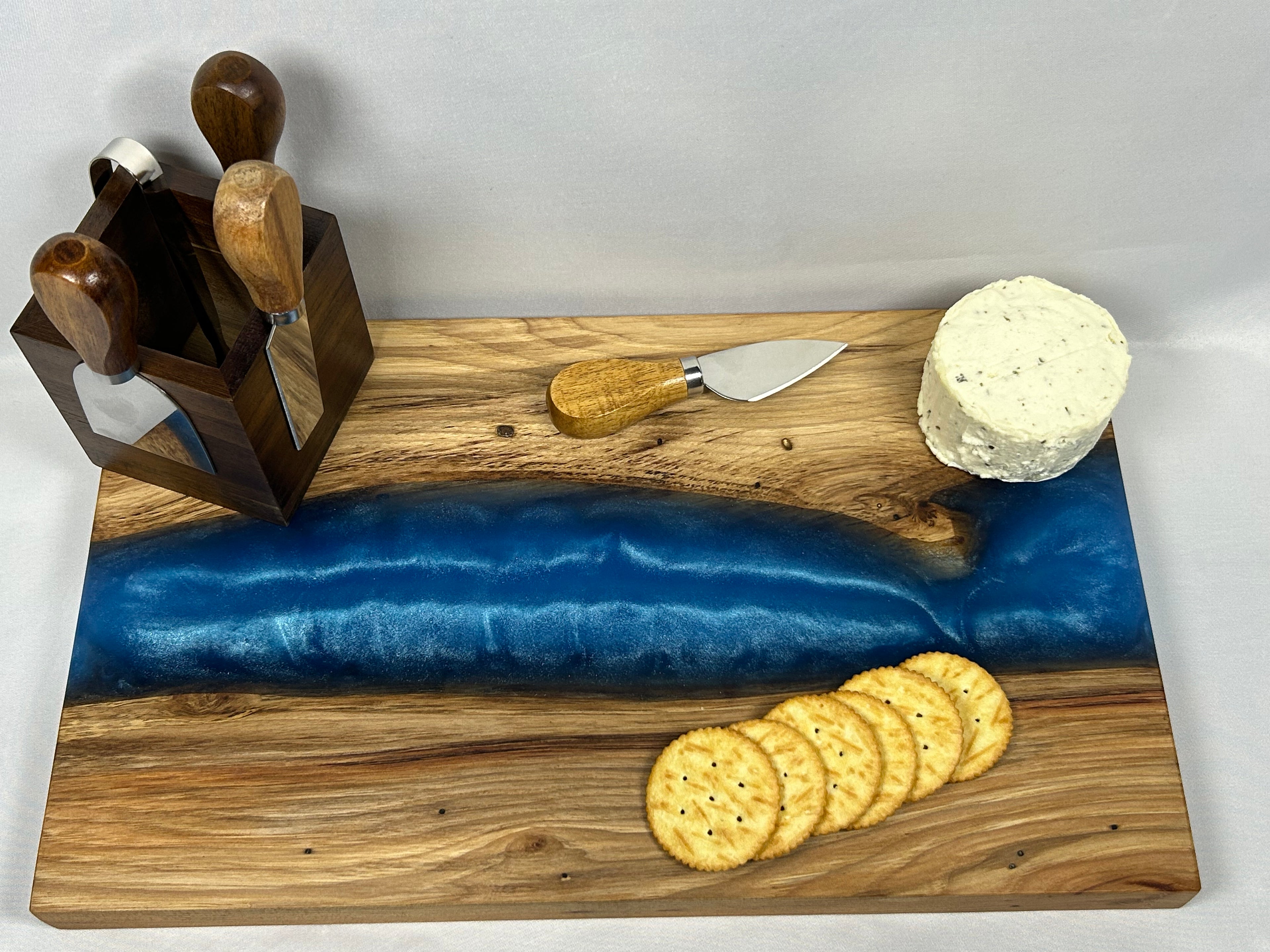 Charcuterie Board, Large, Hickory, Epoxy Live Edge River, Pearl Blue