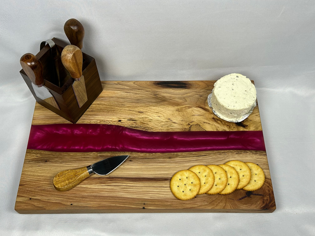 Charcuterie Board, Large, Hickory, Epoxy Live Edge River, Pink Pearl