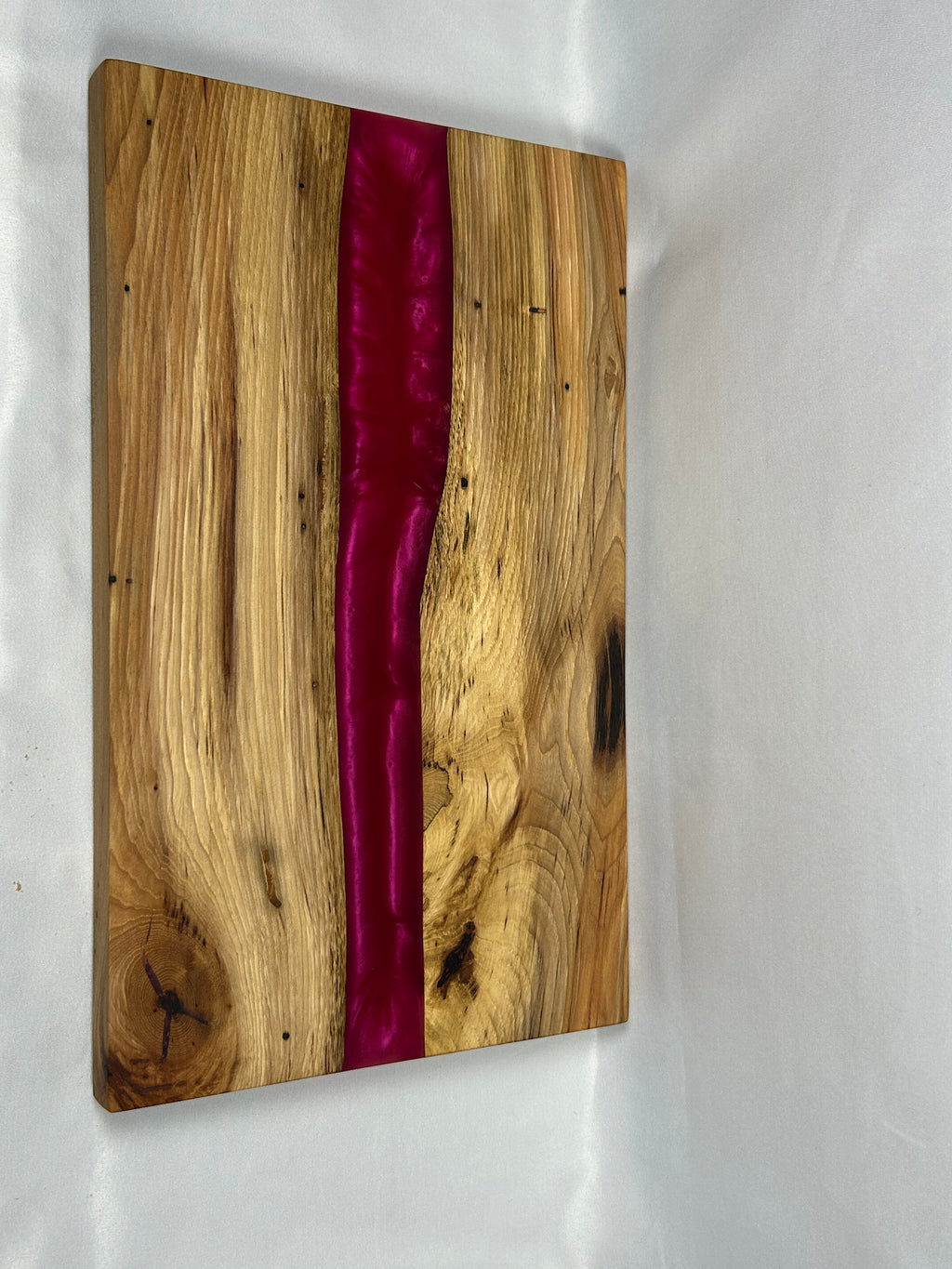 Charcuterie Board, Large, Hickory, Epoxy Live Edge River, Pink Pearl