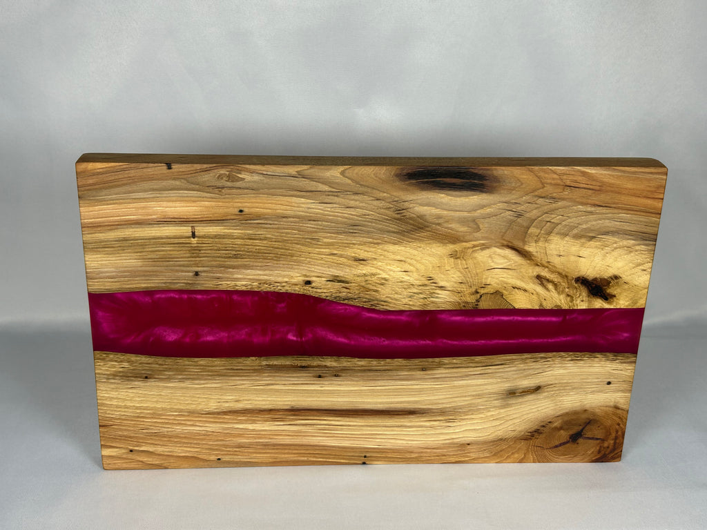 Charcuterie Board, Large, Hickory, Epoxy Live Edge River, Pink Pearl