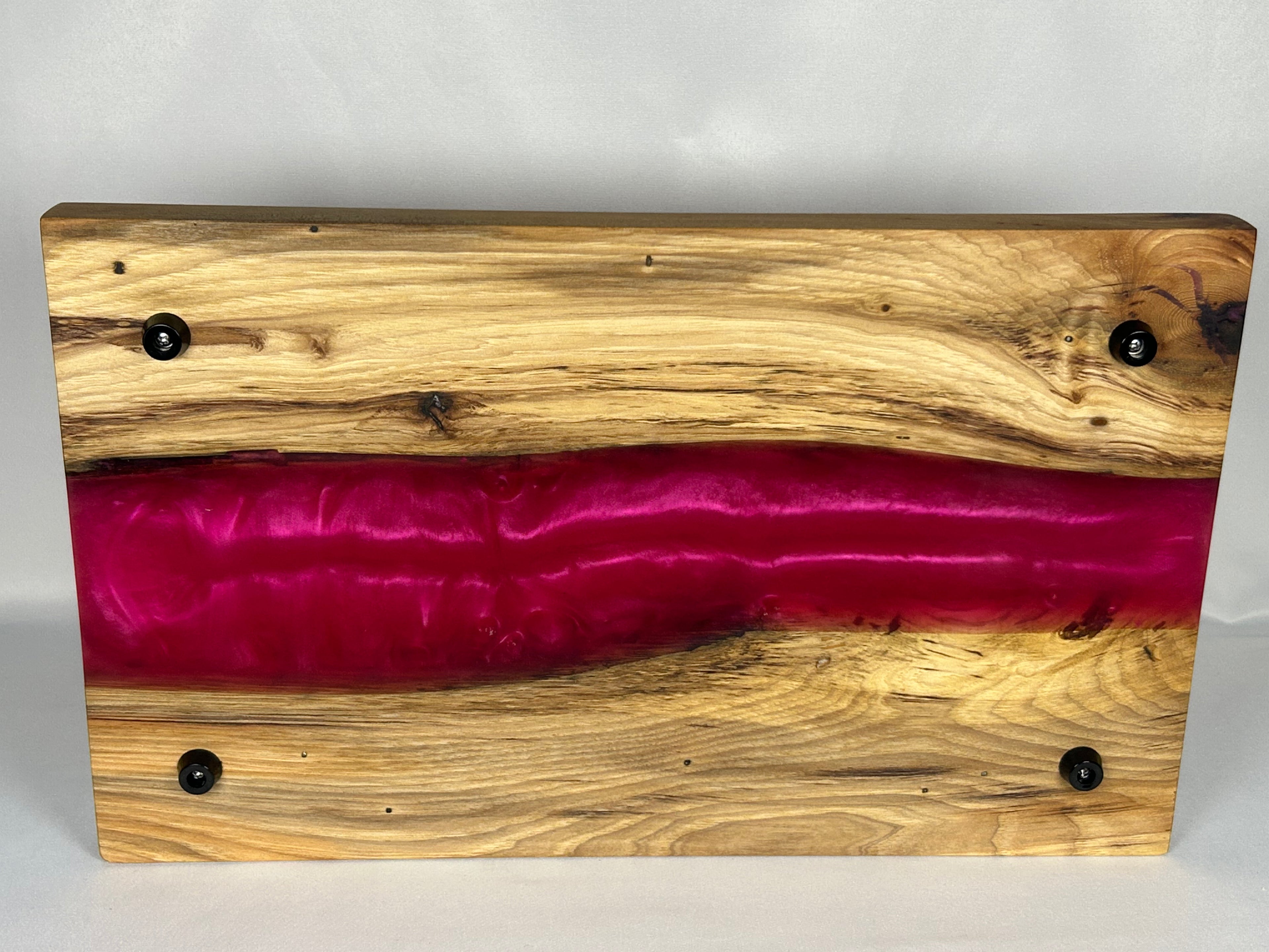 Charcuterie Board, Large, Hickory, Epoxy Live Edge River, Pink Pearl