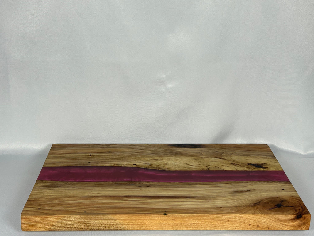 Charcuterie Board, Large, Hickory, Epoxy Live Edge River, Pink Pearl
