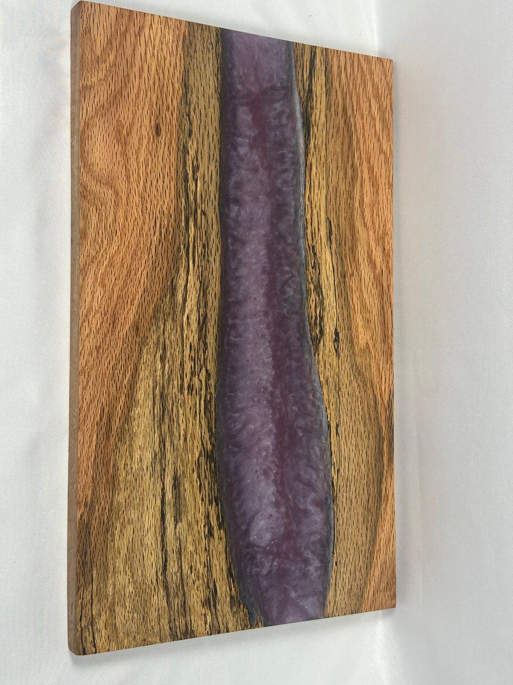 Charcuterie Board, Medium, Red Oak, Epoxy Live Edge River, Lilac Purple Pearl