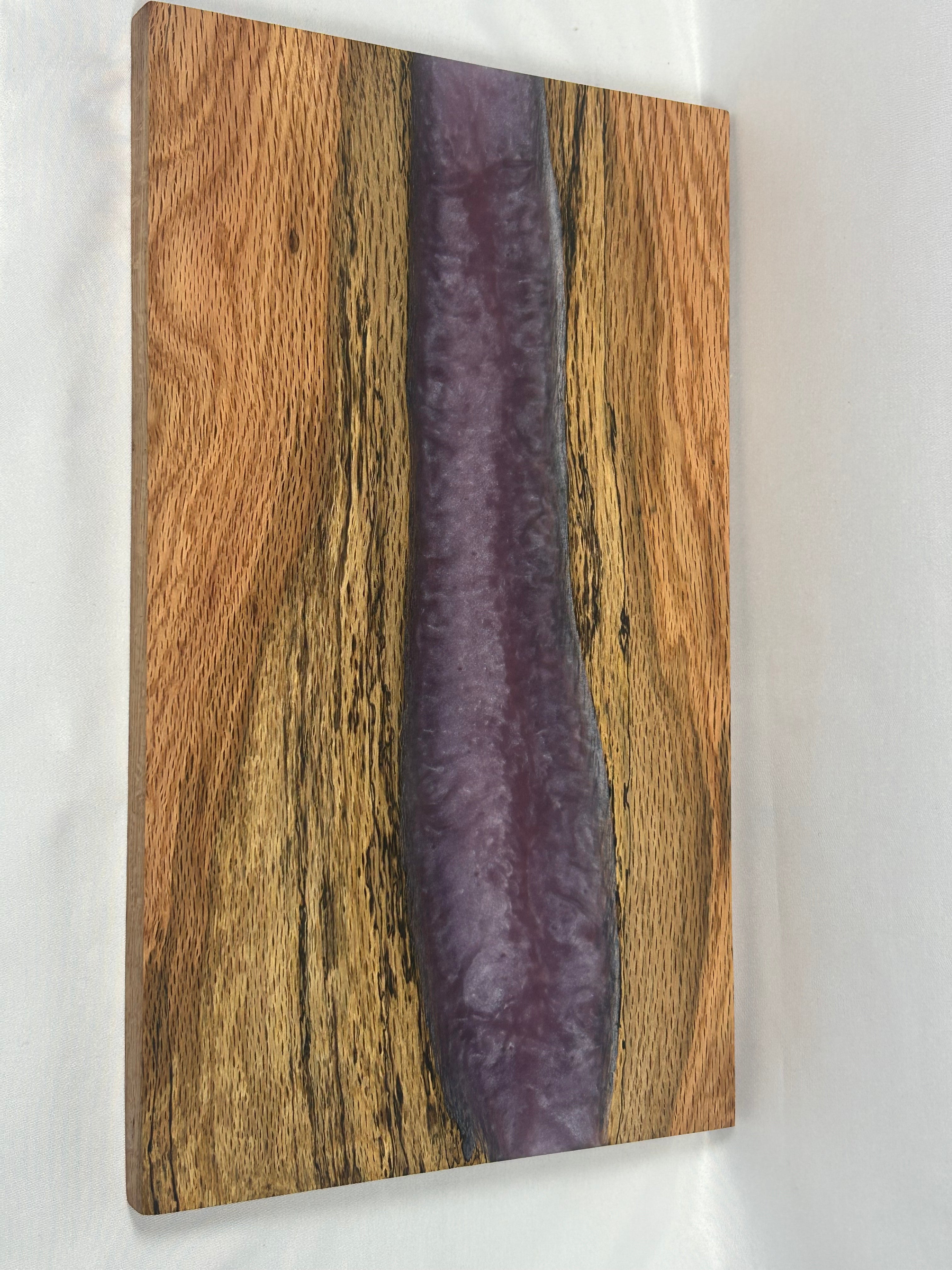 Charcuterie Board, Medium, Red Oak, Epoxy Live Edge River, Lilac Purple Pearl