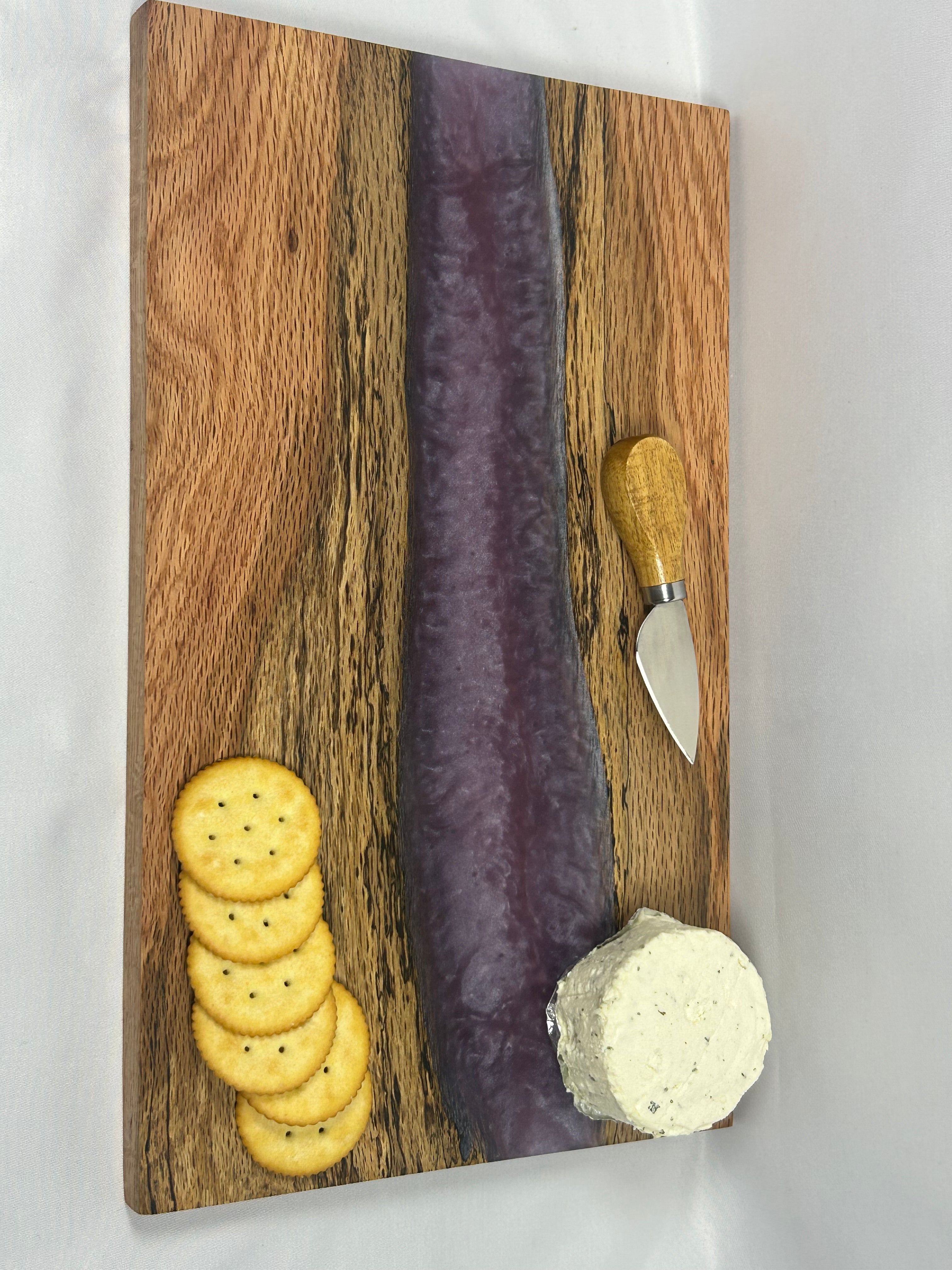 Charcuterie Board, Medium, Red Oak, Epoxy Live Edge River, Lilac Purple Pearl
