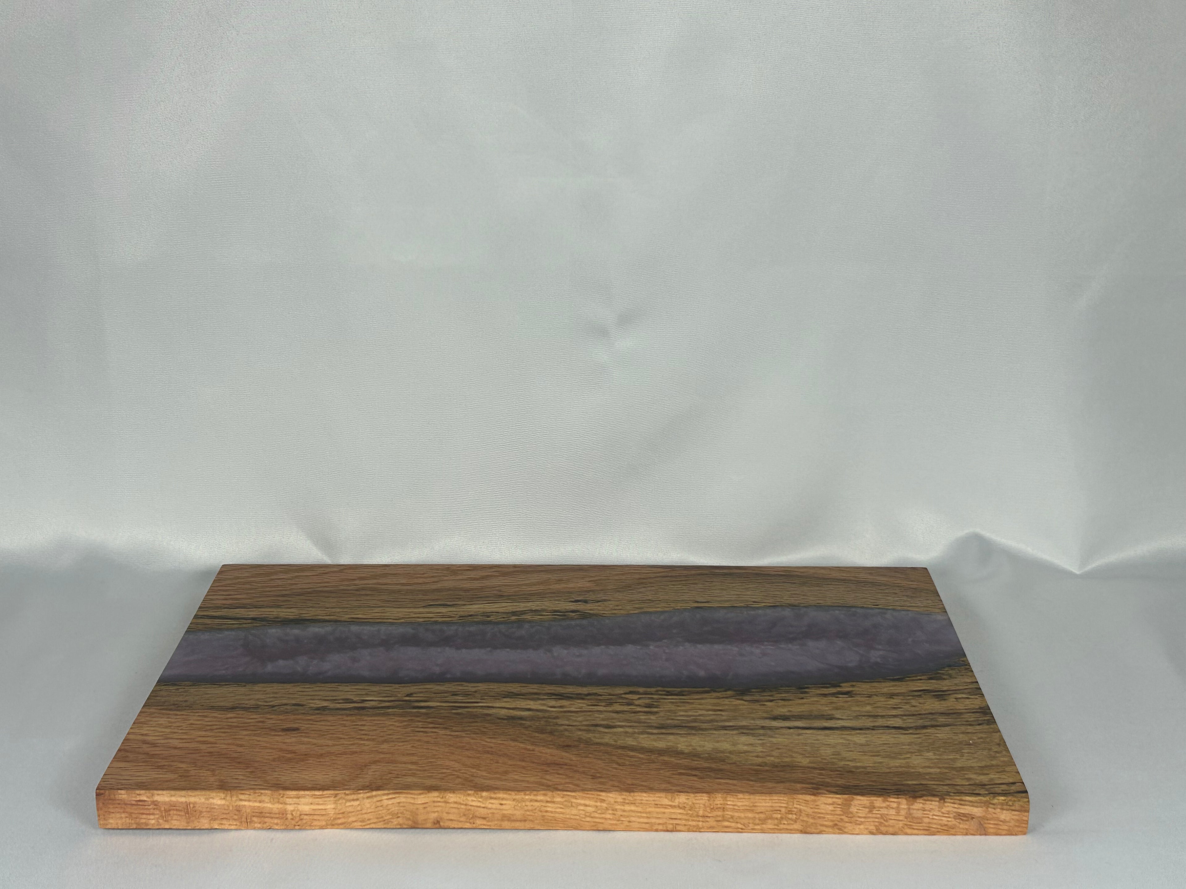 Charcuterie Board, Medium, Red Oak, Epoxy Live Edge River, Lilac Purple Pearl