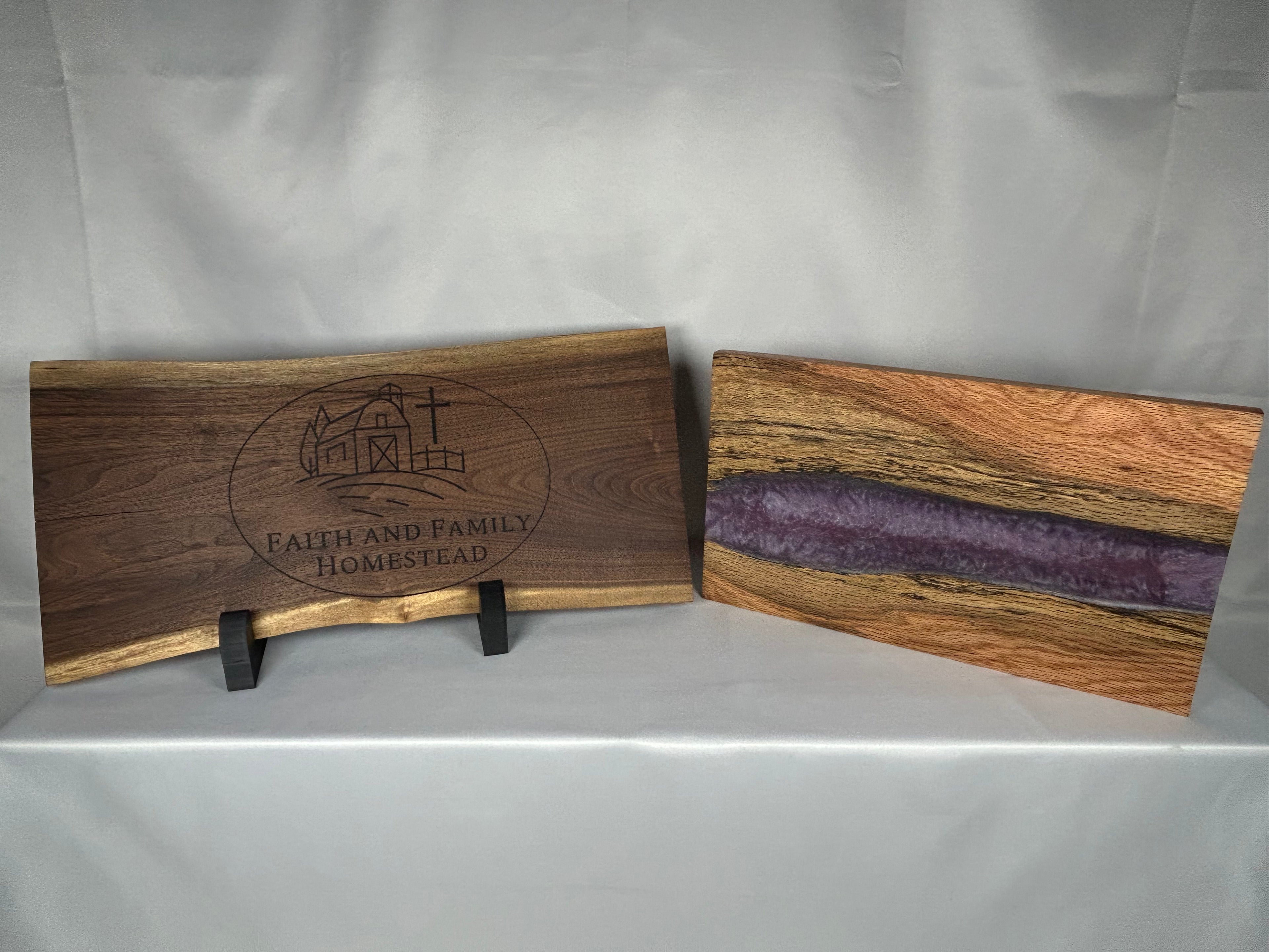 Charcuterie Board, Medium, Red Oak, Epoxy Live Edge River, Lilac Purple Pearl