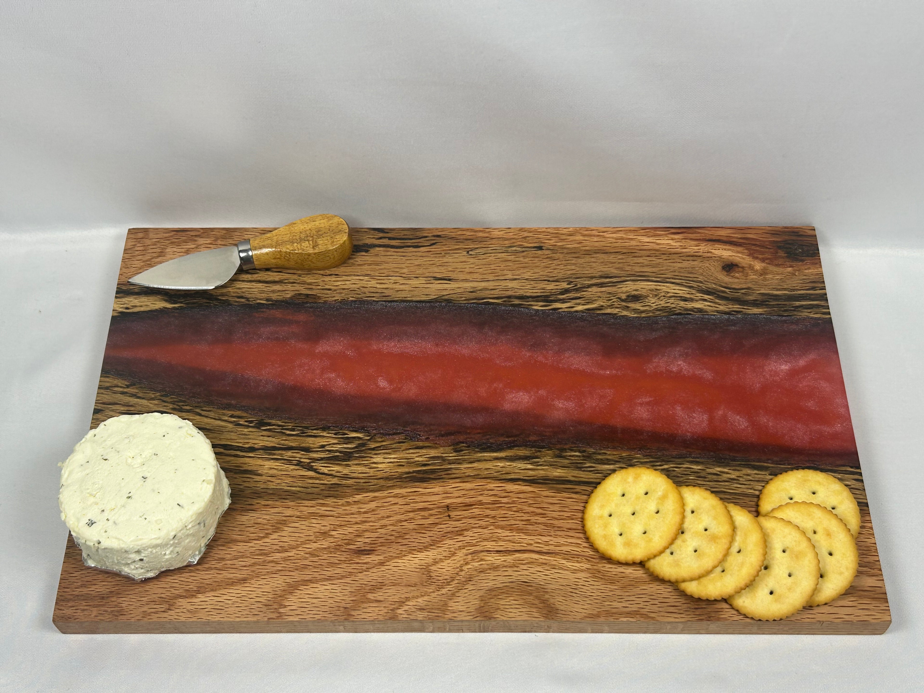 Charcuterie Board, Medium, Red Oak, Epoxy Live Edge River, Pink Pearl