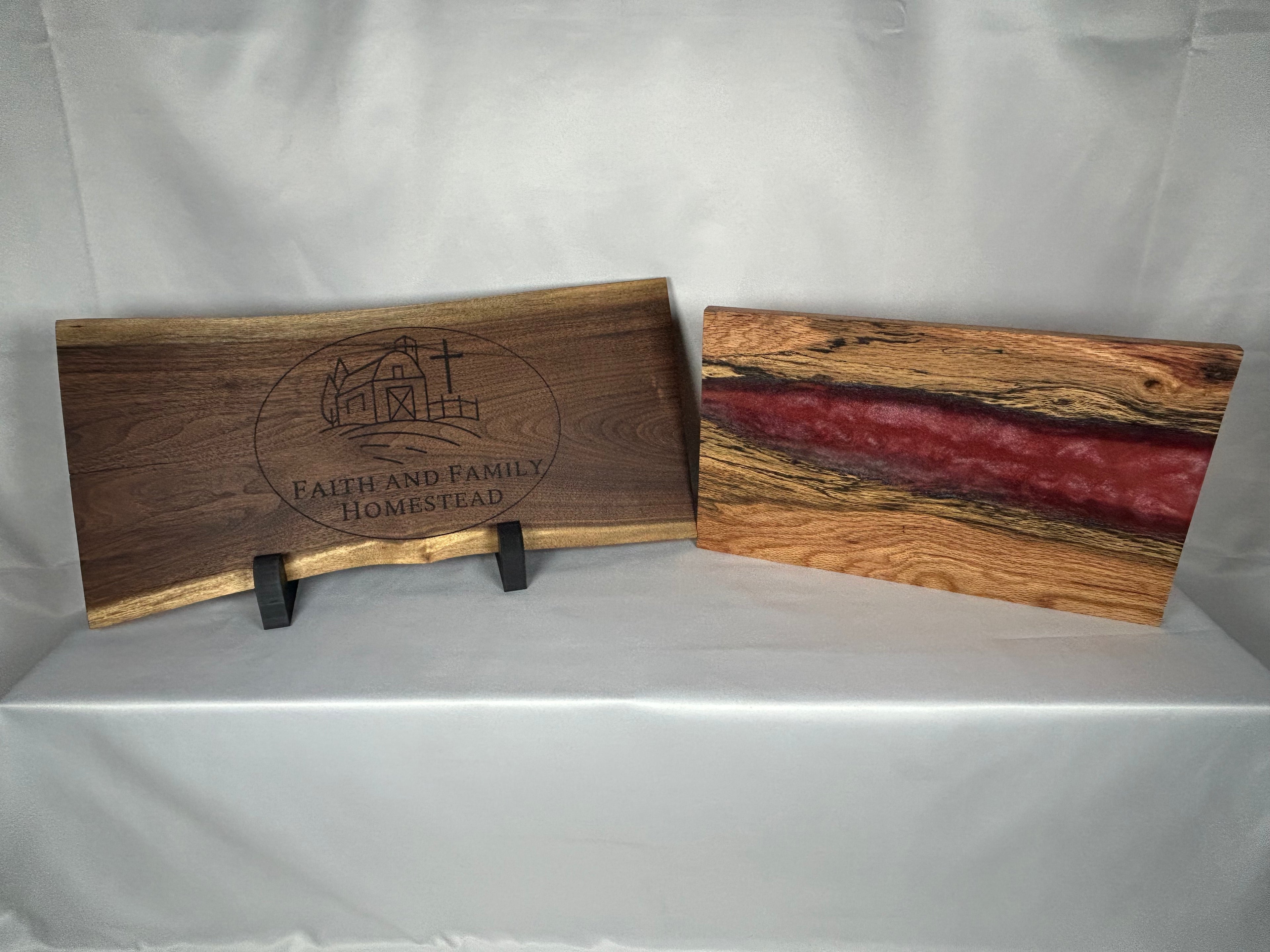 Charcuterie Board, Medium, Red Oak, Epoxy Live Edge River, Pink Pearl