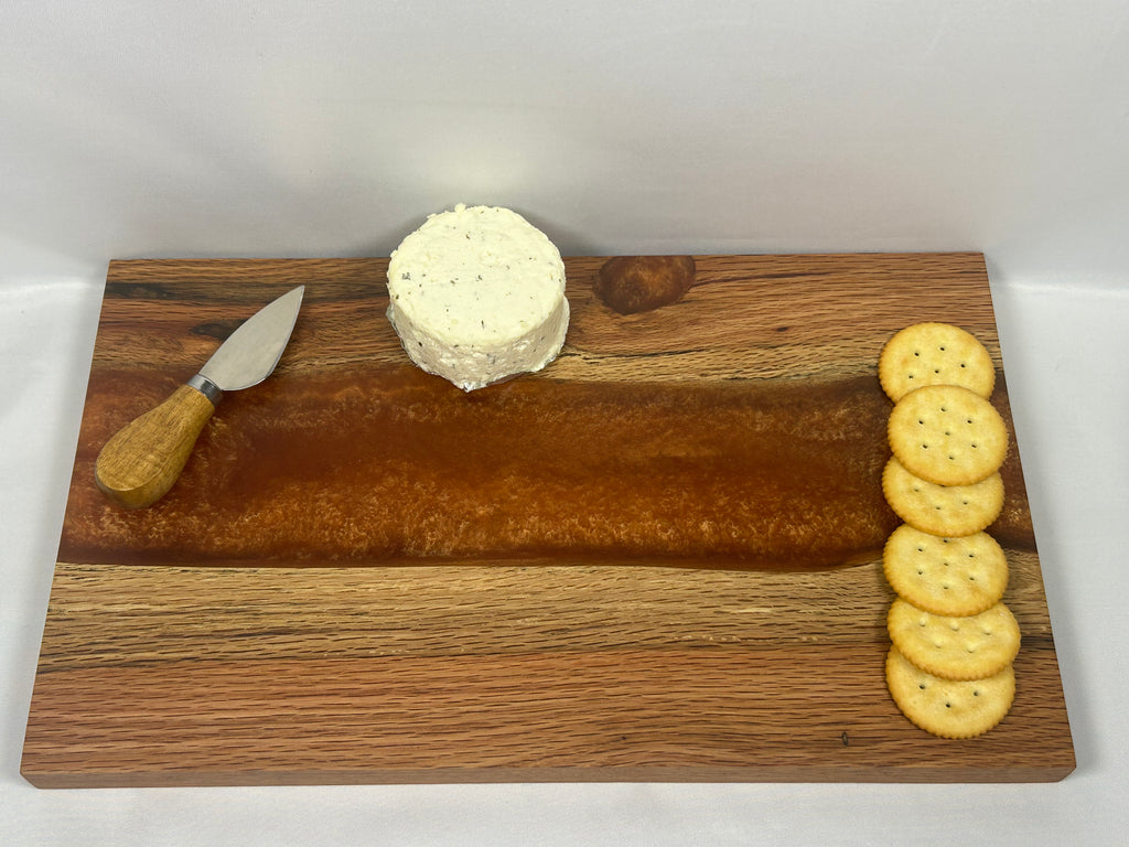 Charcuterie Board, Large, Red Oak, Epoxy Live Edge River, Copper