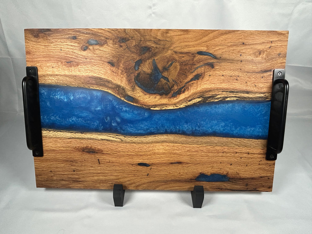 Charcuterie Board, Extra Large, Red Oak, Epoxy Live Edge River, Graphite Blue Pearl
