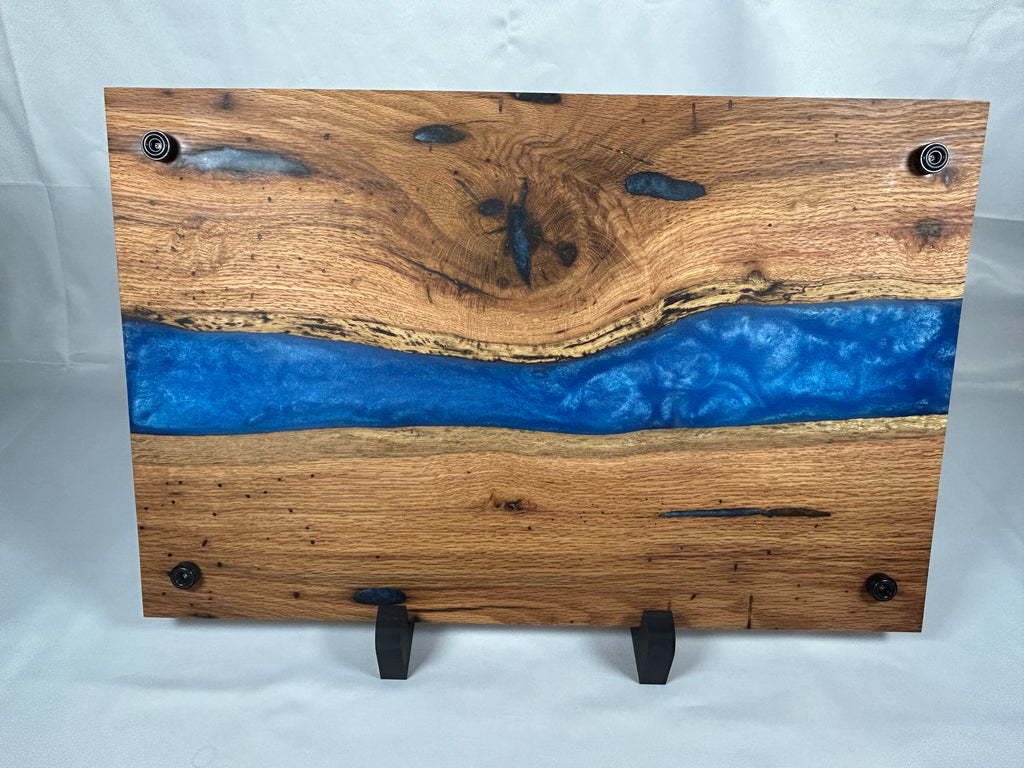 Charcuterie Board, Extra Large, Red Oak, Epoxy Live Edge River, Graphite Blue Pearl
