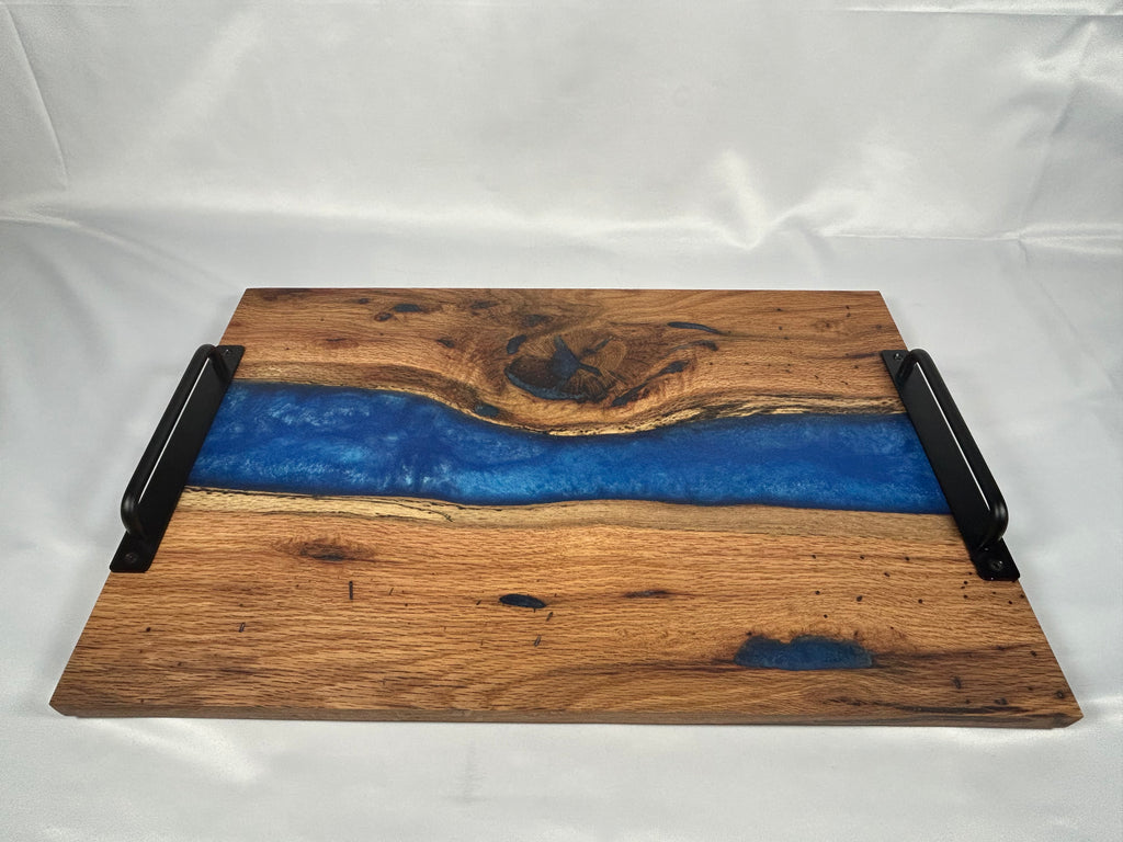 Charcuterie Board, Extra Large, Red Oak, Epoxy Live Edge River, Graphite Blue Pearl