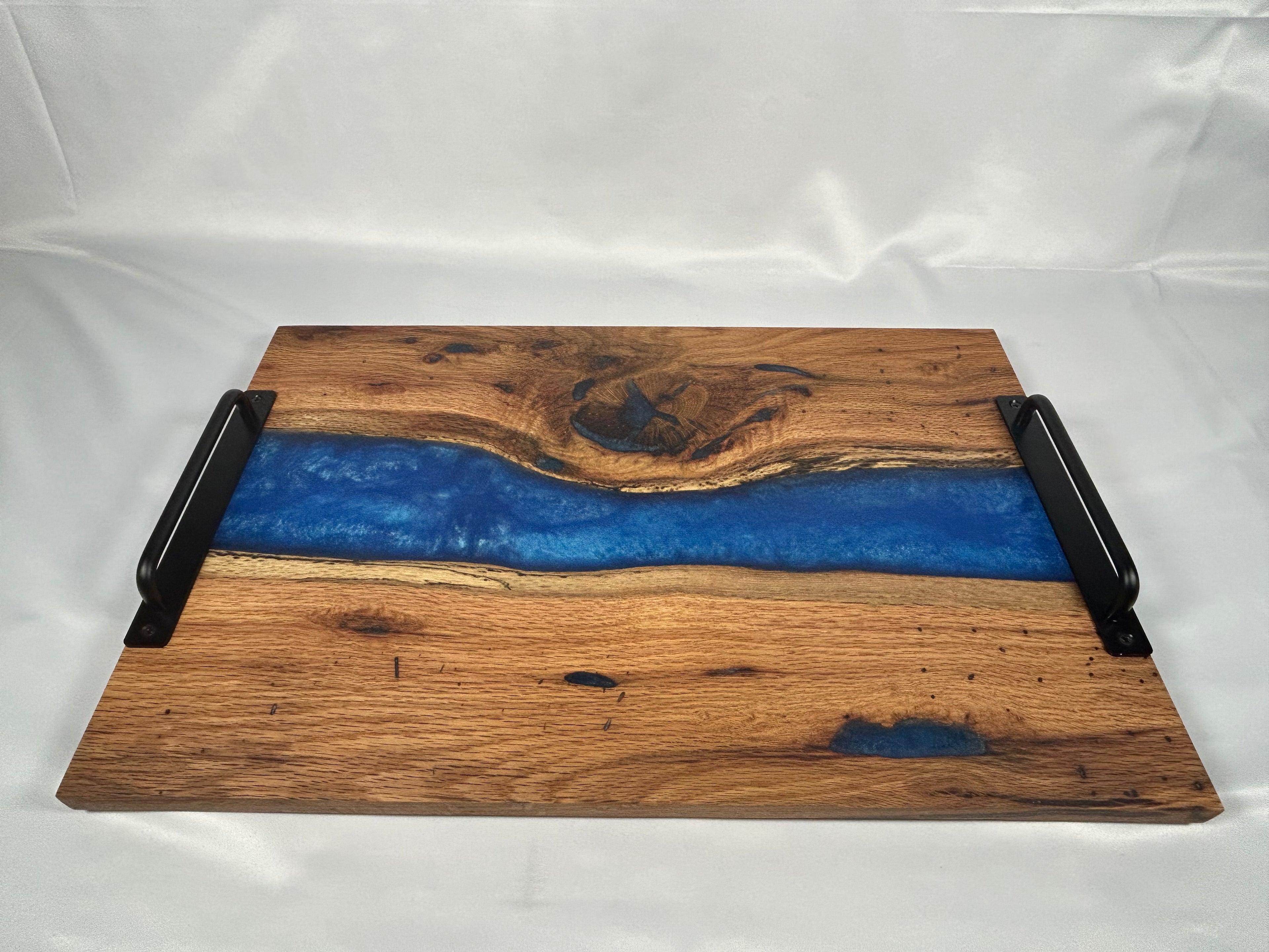 Charcuterie Board, Extra Large, Red Oak, Epoxy Live Edge River, Graphite Blue Pearl