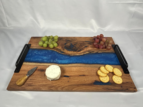 Charcuterie Board, Extra Large, Red Oak, Epoxy Live Edge River, Graphite Blue Pearl