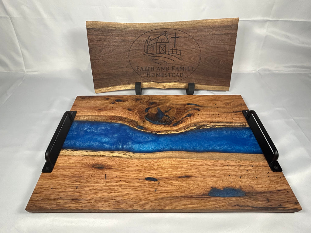 Charcuterie Board, Extra Large, Red Oak, Epoxy Live Edge River, Graphite Blue Pearl