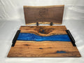 Charcuterie Board, Extra Large, Red Oak, Epoxy Live Edge River, Graphite Blue Pearl