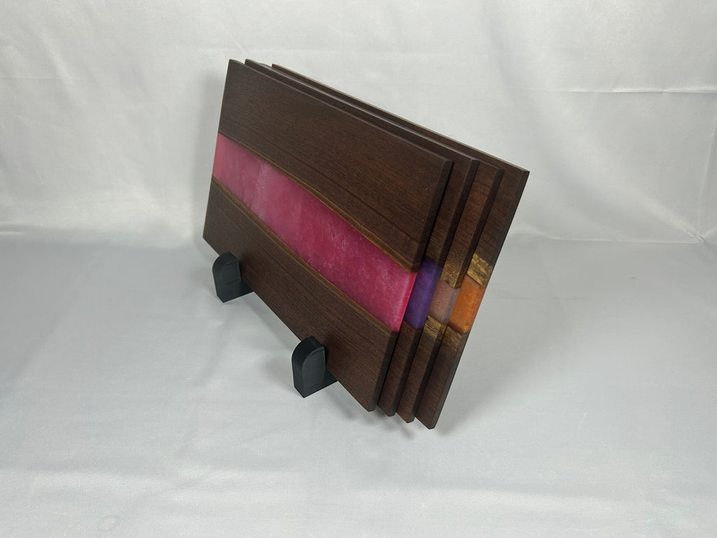 Charcuterie Board, Medium, Walnut, Epoxy Live Edge River, Set of 4 Orange, Pearl, Pink Pearl, Purple