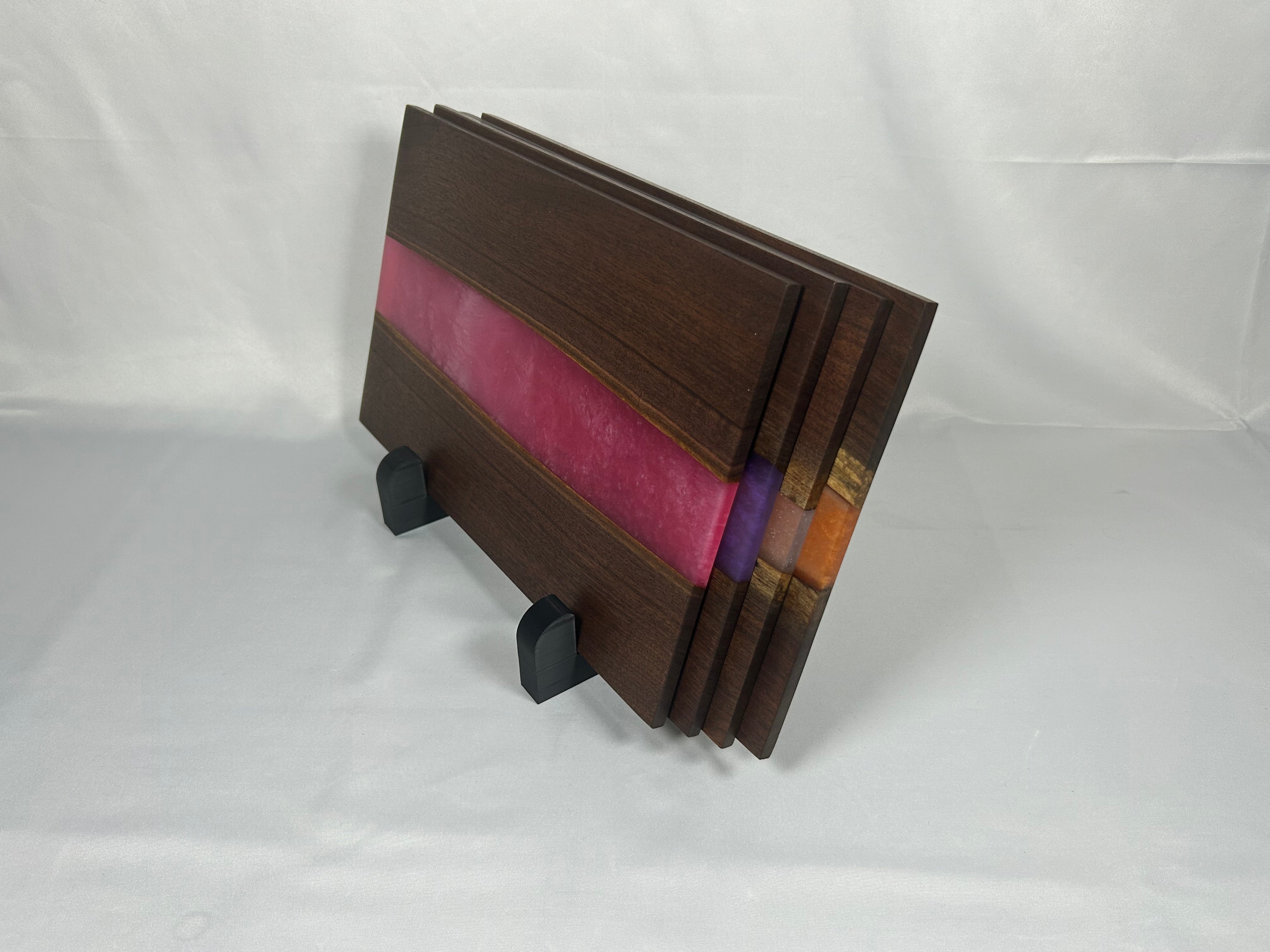 Charcuterie Board, Medium, Walnut, Epoxy Live Edge River, Set of 4 Orange, Pearl, Pink Pearl, Purple