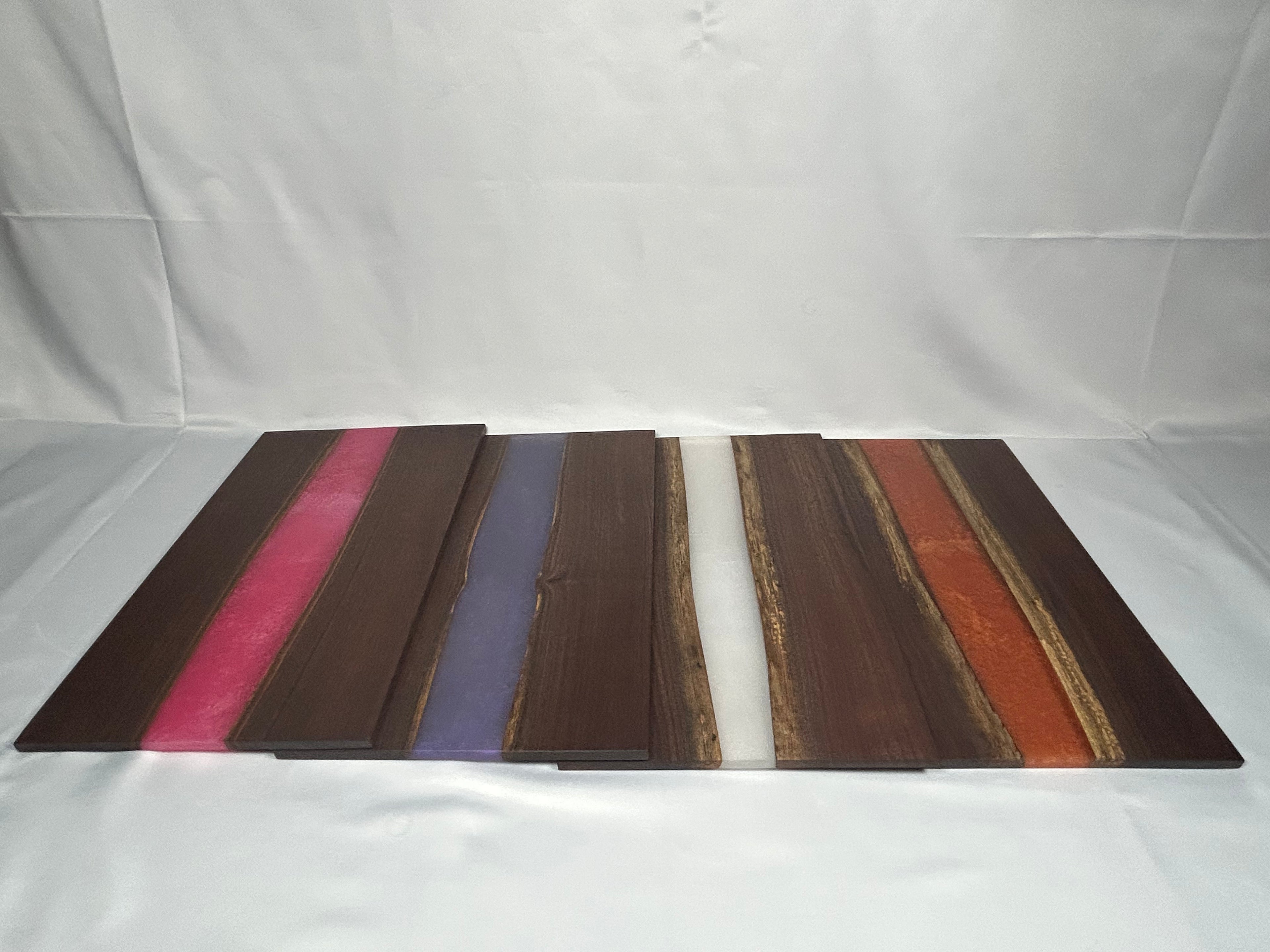 Charcuterie Board, Medium, Walnut, Epoxy Live Edge River, Set of 4 Orange, Pearl, Pink Pearl, Purple