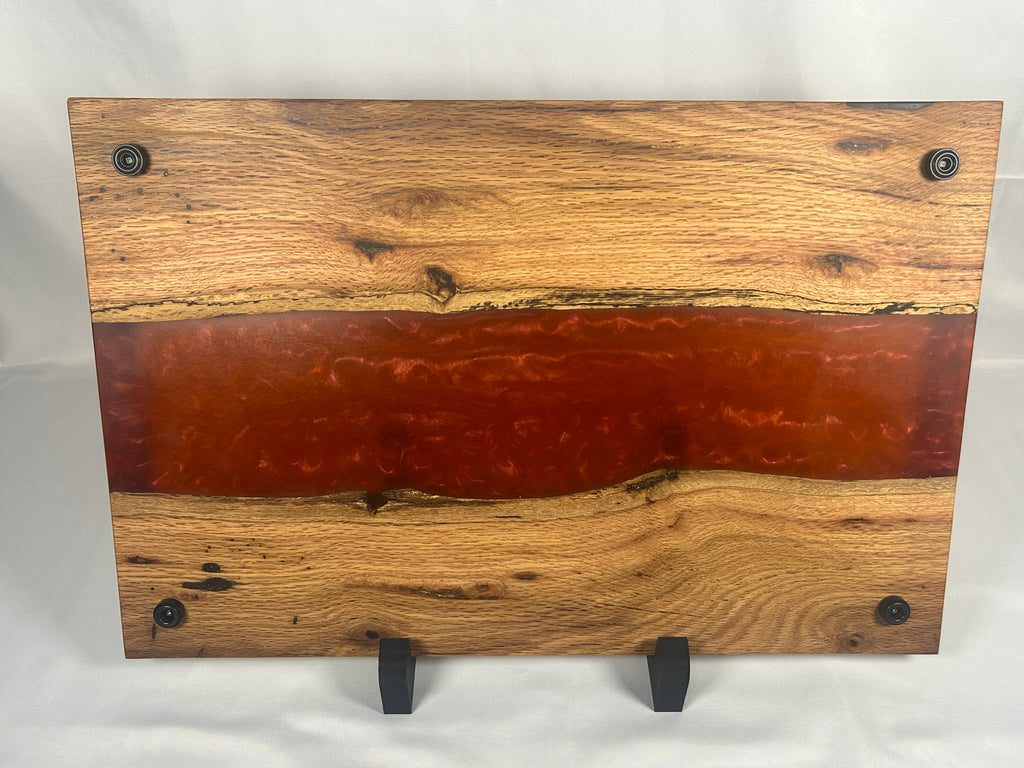 Charcuterie Board, Extra Large, Red Oak, Epoxy Live Edge River, Orange Pearl, Matte Black Handles and Metal Feet with Rubber Ring