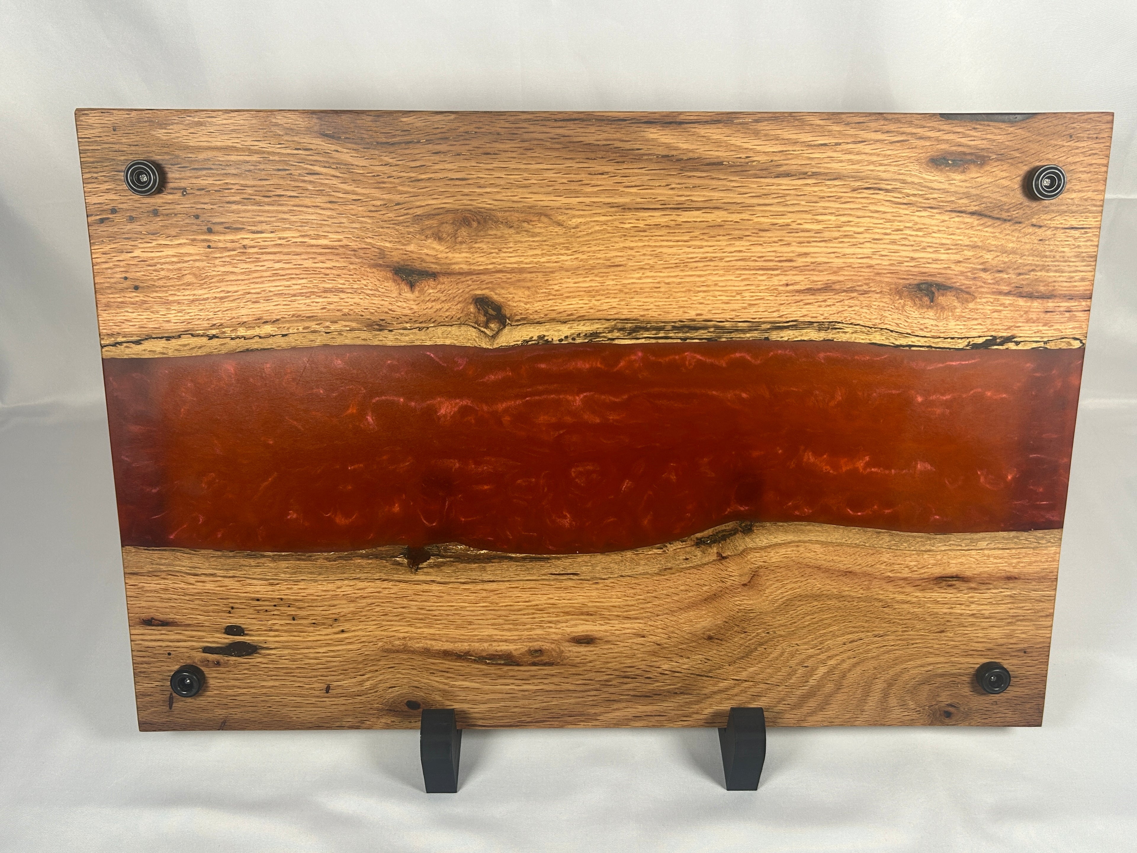 Charcuterie Board, Extra Large, Red Oak, Epoxy Live Edge River, Orange Pearl, Matte Black Handles and Metal Feet with Rubber Ring