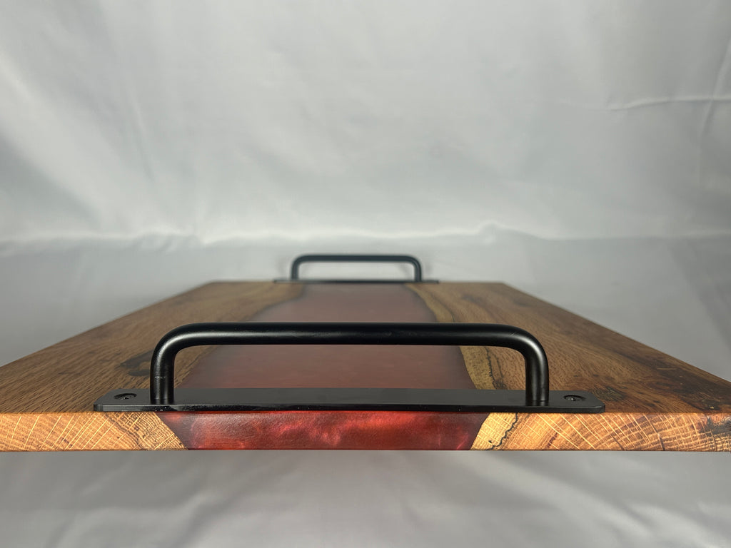 Charcuterie Board, Extra Large, Red Oak, Epoxy Live Edge River, Orange Pearl, Matte Black Handles and Metal Feet with Rubber Ring