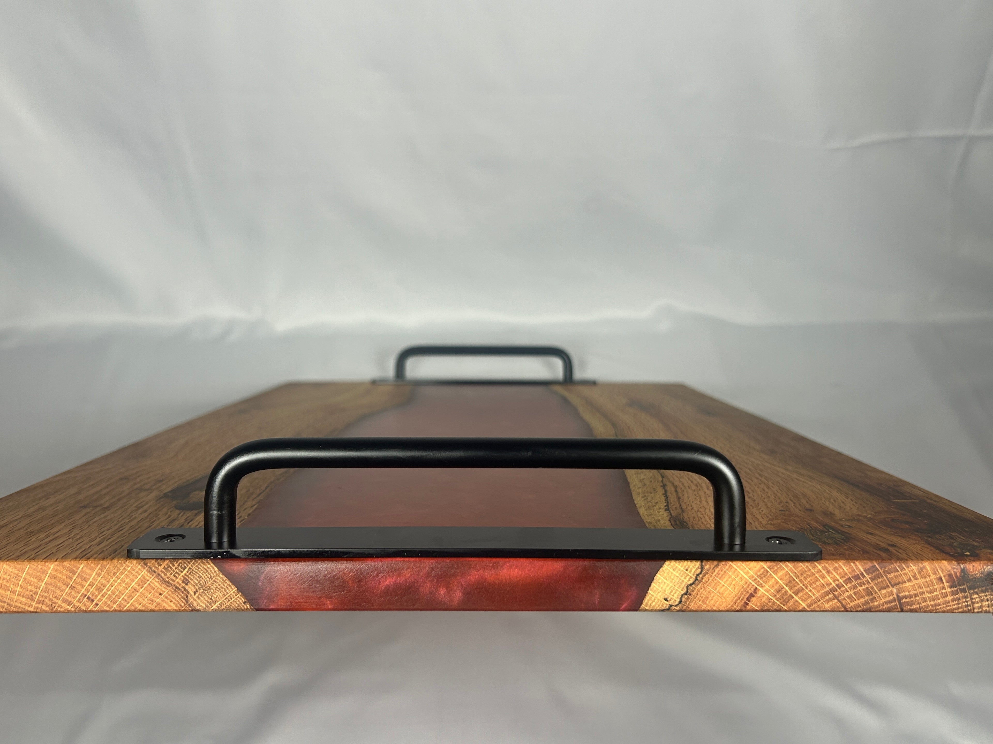 Charcuterie Board, Extra Large, Red Oak, Epoxy Live Edge River, Orange Pearl, Matte Black Handles and Metal Feet with Rubber Ring