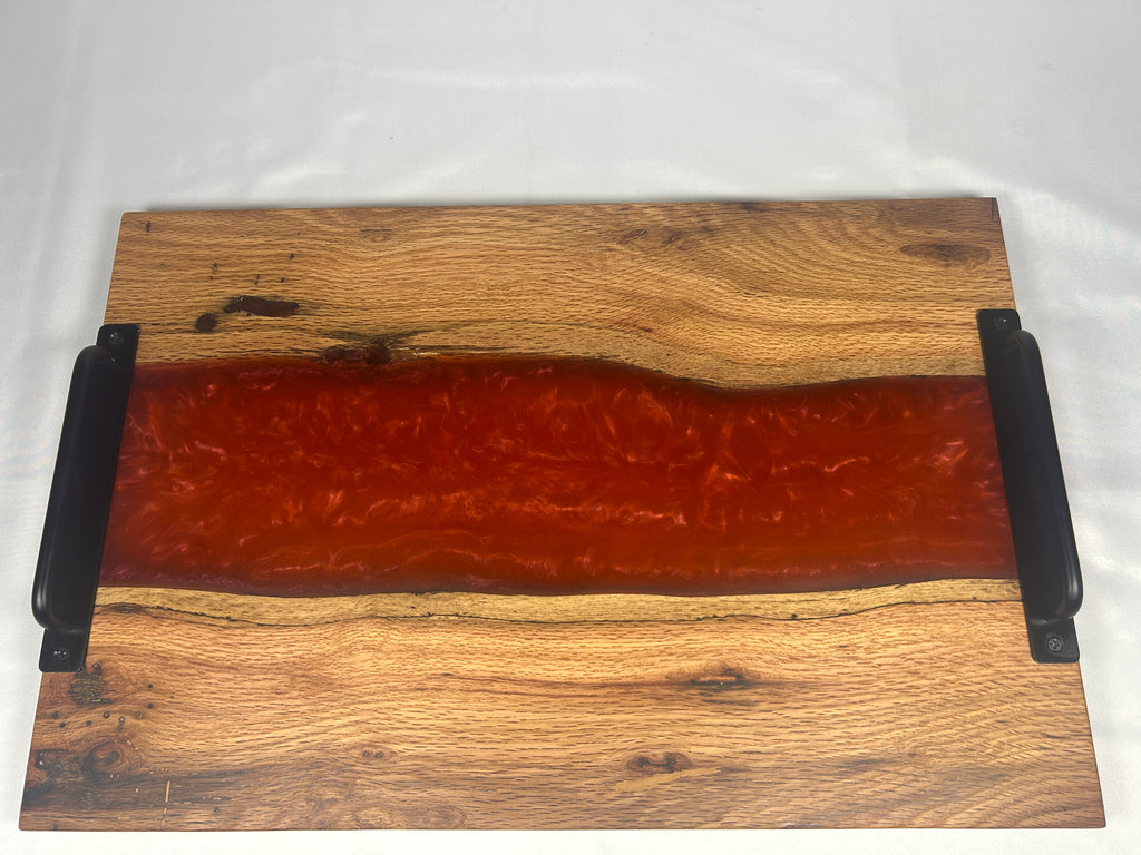 Charcuterie Board, Extra Large, Red Oak, Epoxy Live Edge River, Orange Pearl, Matte Black Handles and Metal Feet with Rubber Ring