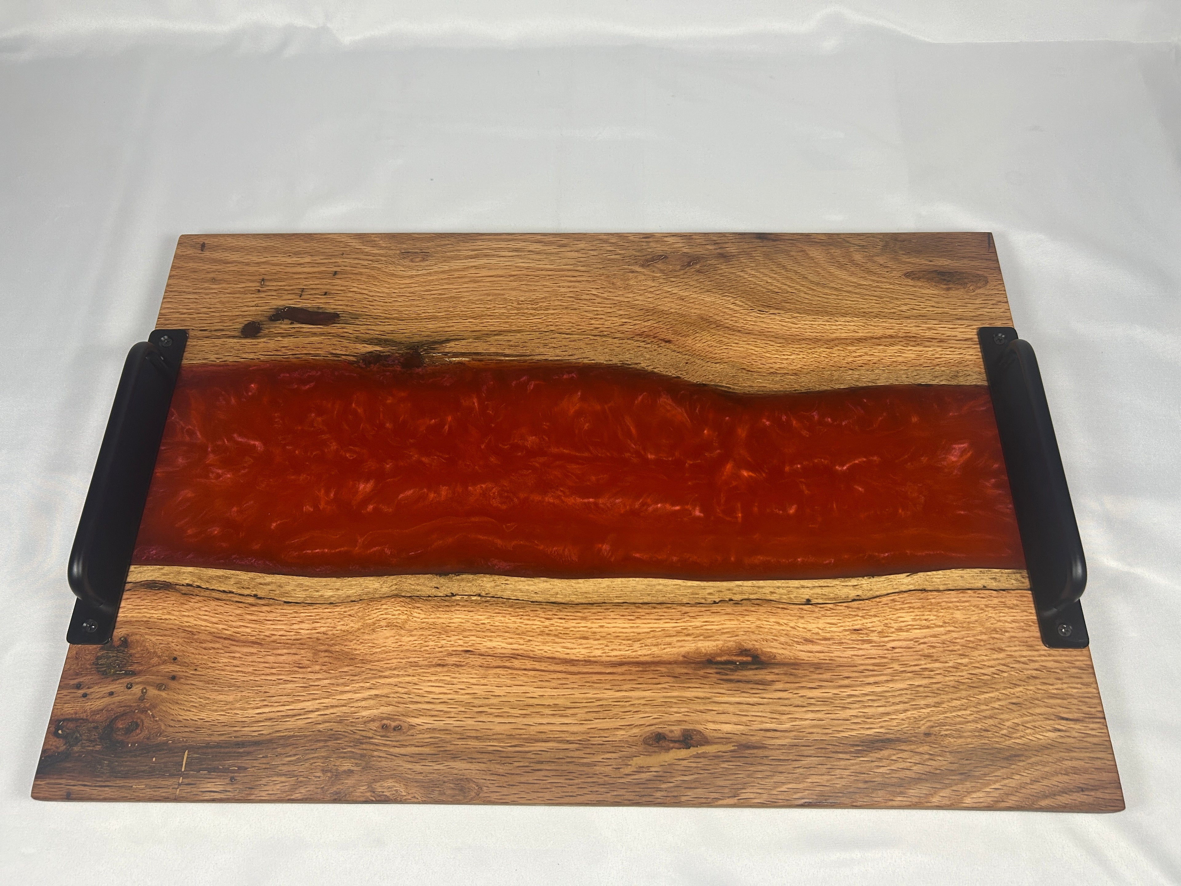Charcuterie Board, Extra Large, Red Oak, Epoxy Live Edge River, Orange Pearl, Matte Black Handles and Metal Feet with Rubber Ring