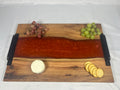 Charcuterie Board, Extra Large, Red Oak, Epoxy Live Edge River, Orange Pearl, Matte Black Handles and Metal Feet with Rubber Ring