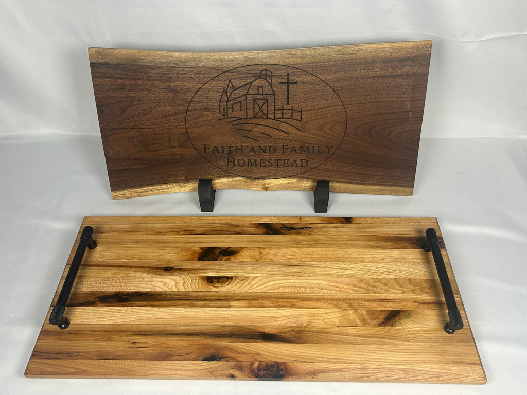 Serving Tray, Large, Hickory, Edge Grain, Epoxy Fill, Knurled Handles, and Rubber Feet,