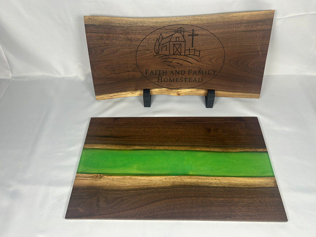 Charcuterie Board, Medium, Walnut, Epoxy Live Edge River, Green Pearl